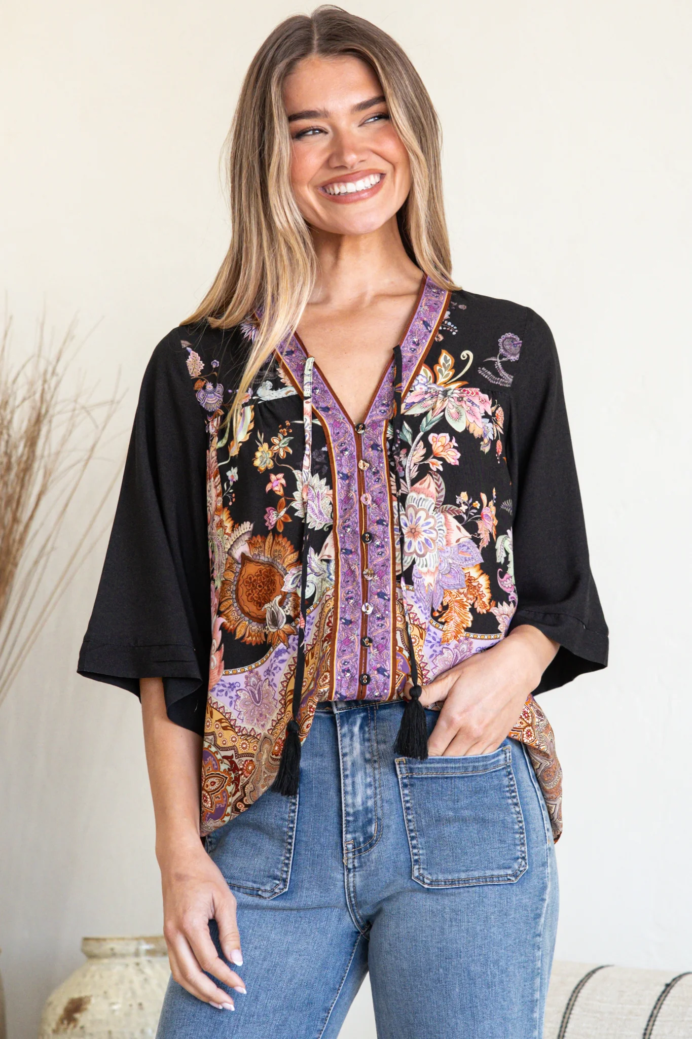 Elysia Blouse - Deep V Neck Button Down 3/4 Sleeve Top in Zaria Print - Image 7