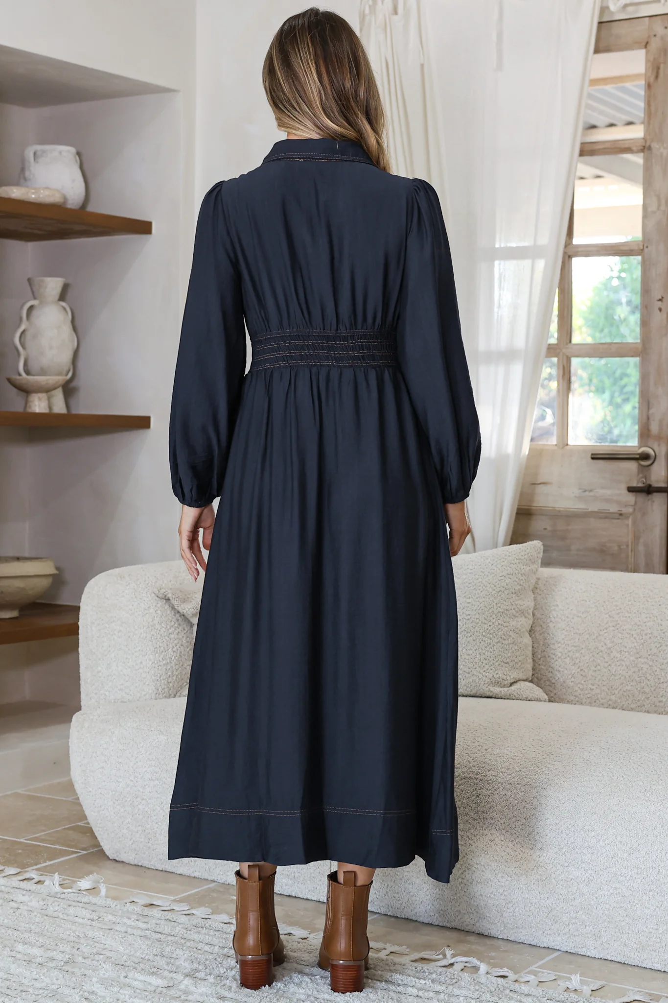 Ferris Midi Dress - Collared Button Bodice A-Line Dress with Long Sleeves in Navy - Image 7