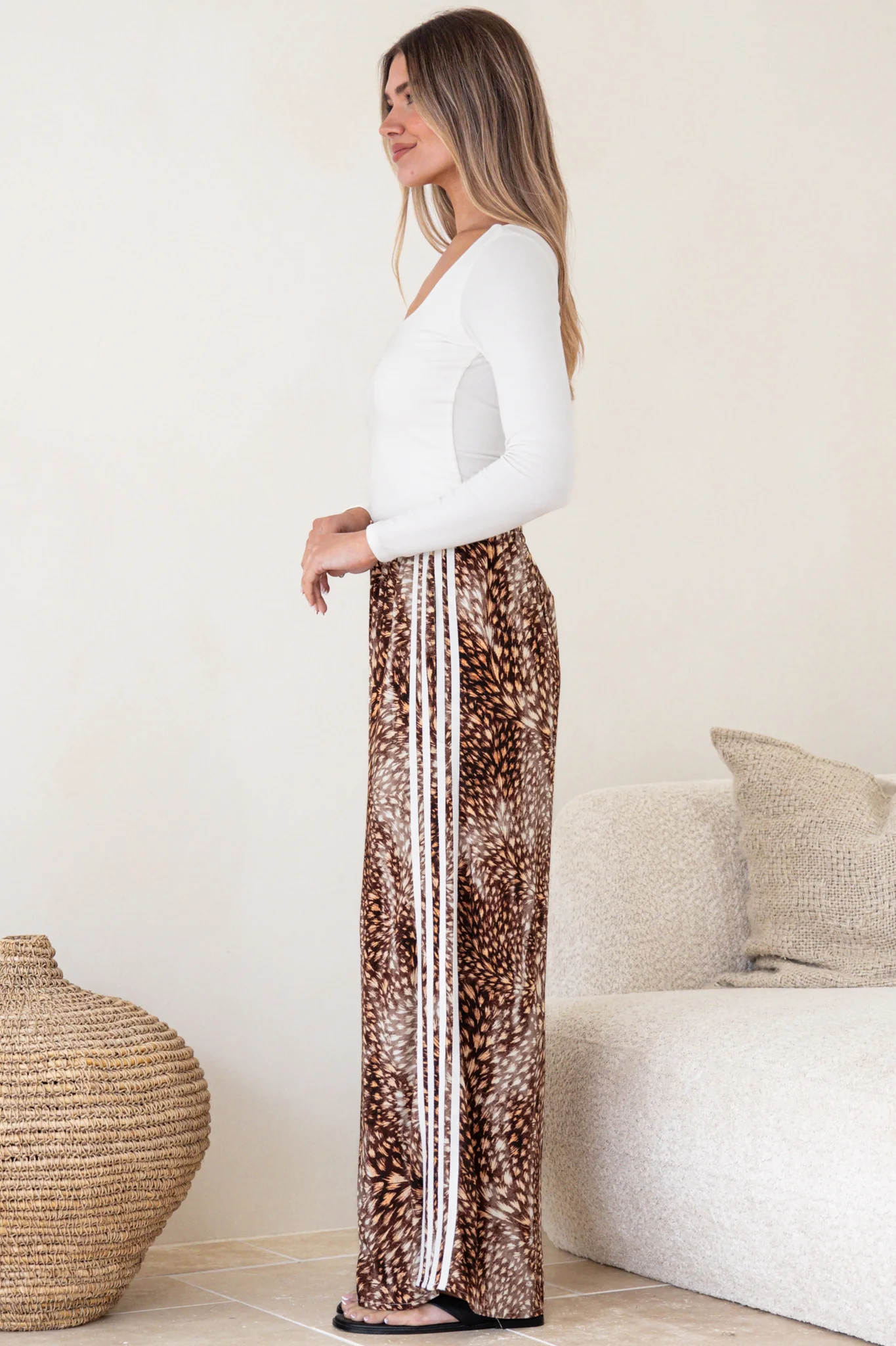 Fritz Pants - High Waisted Wide Leg Pants with Sports Stripe Side Seams in Talon Print - Image 8