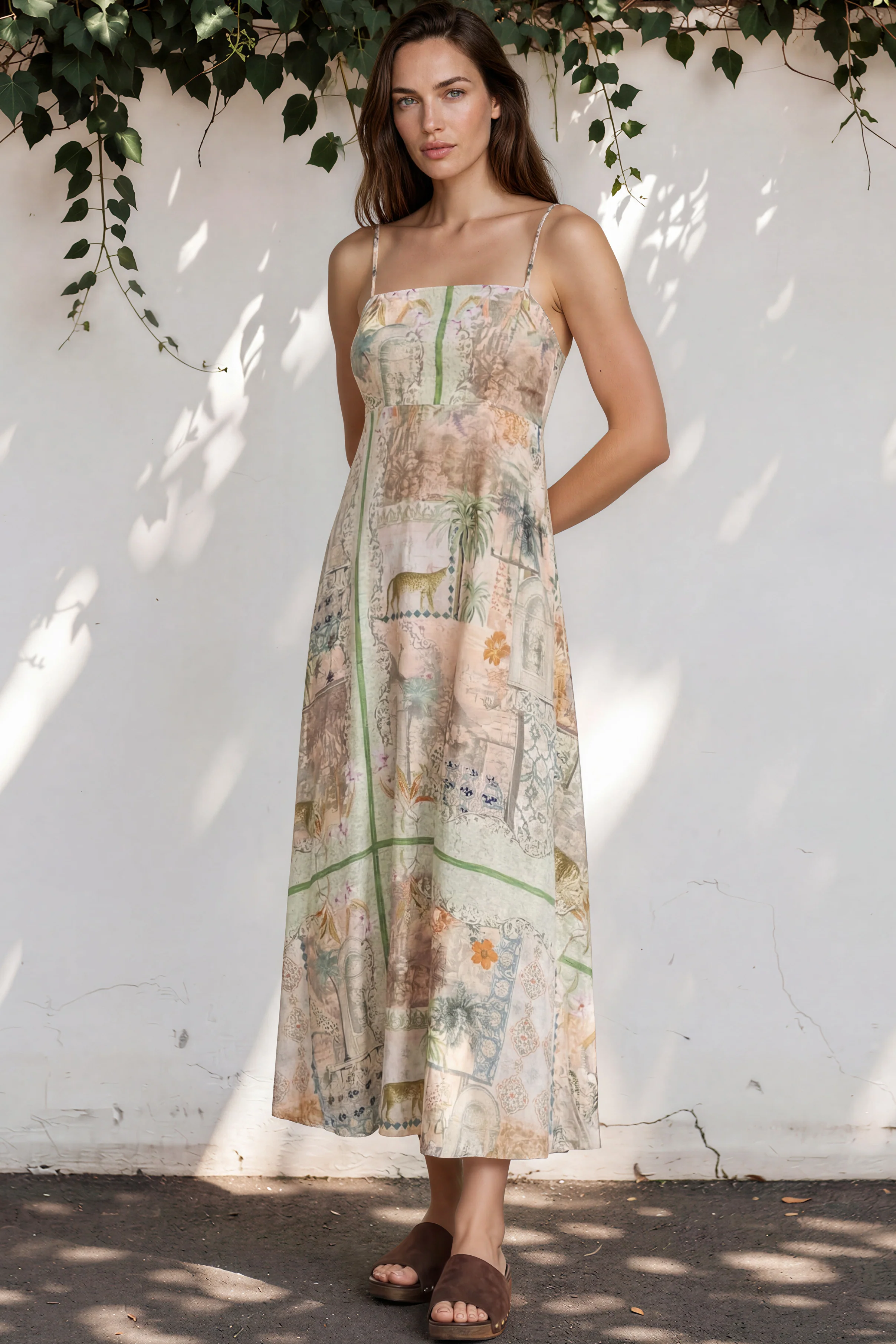 Gretal Maxi Dress - Sqaure Neck A-Line Dress with Adjustable Spaghetti Straps in Tempest Print - Image 3