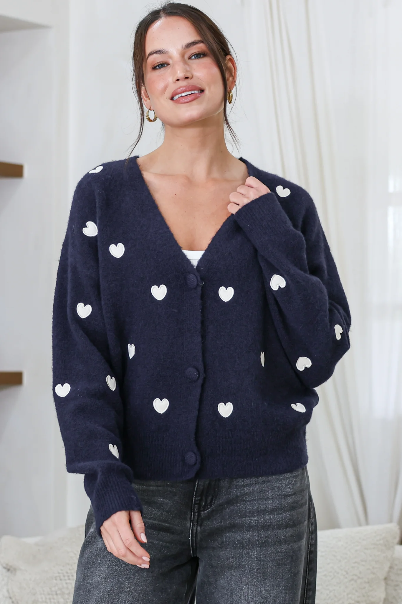 Hartley Cardigan - V Neck Button Front Heart Embroidered Knit with Matching Fabric Buttons in Navy - Image 3