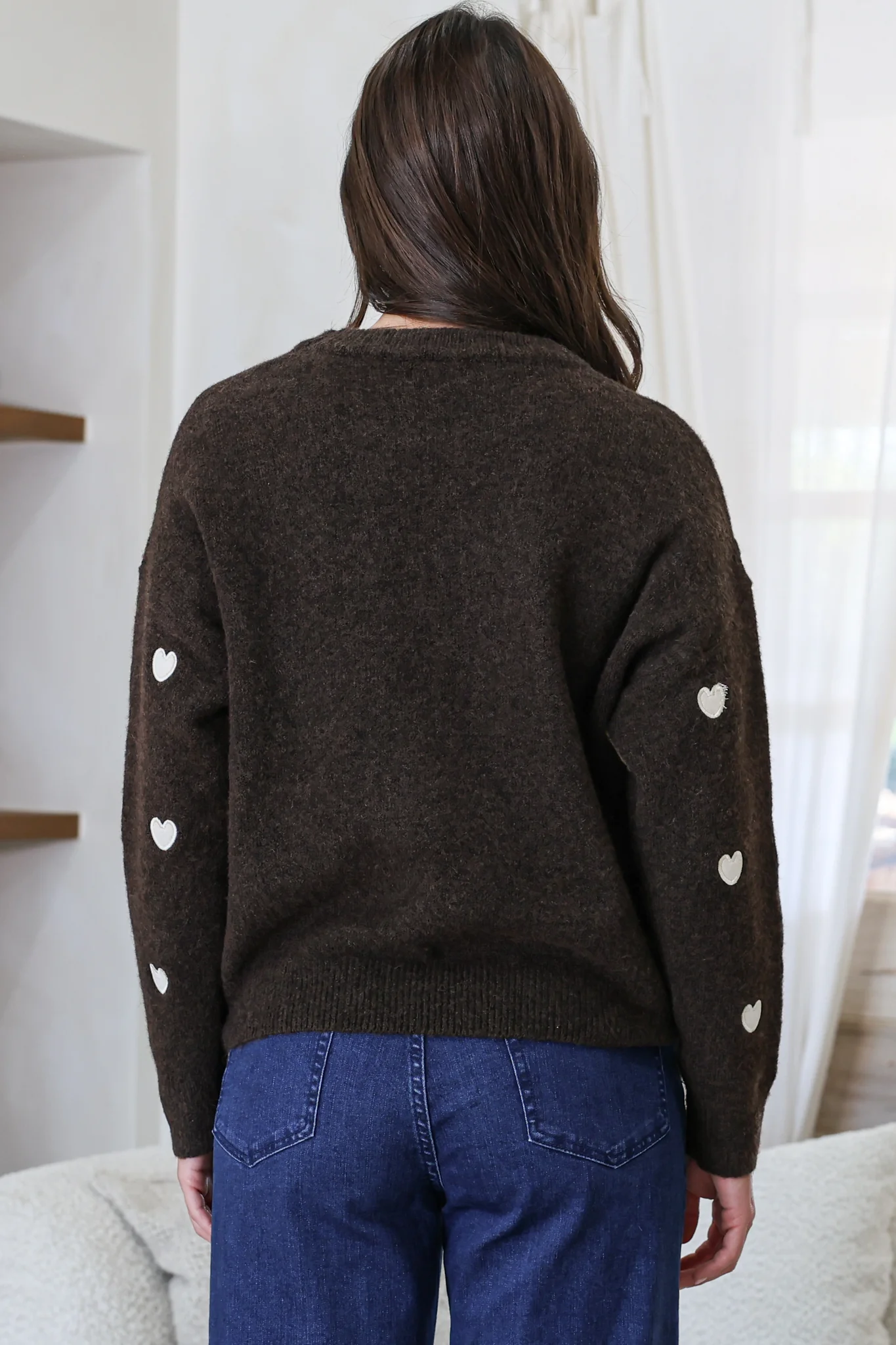 Hartley Jumper - Crew Neck Embroidered Heart Motif Knit in Coffee - Image 6