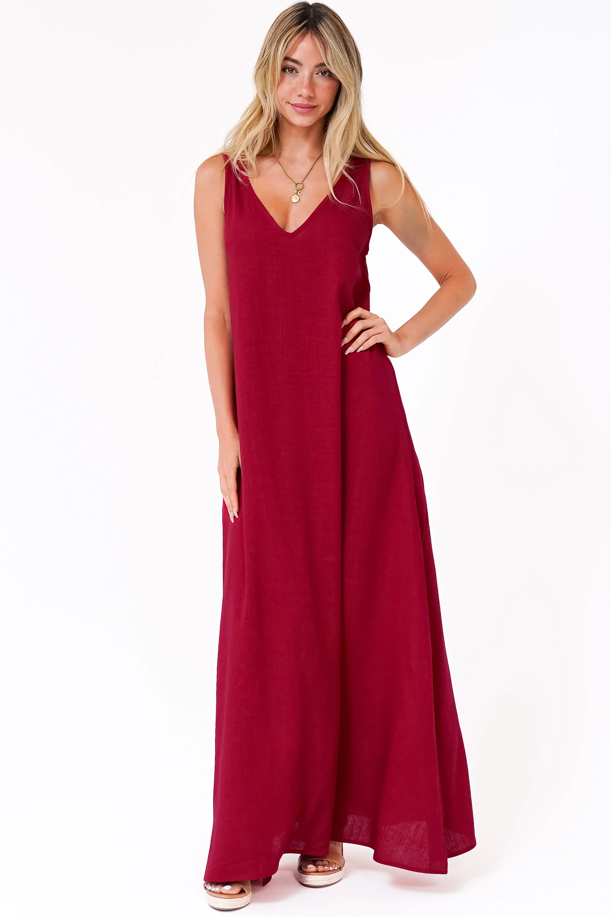 Janeen Maxi Dress - A-Line Sleeveless Dress with Side Splits in Red - Image 7