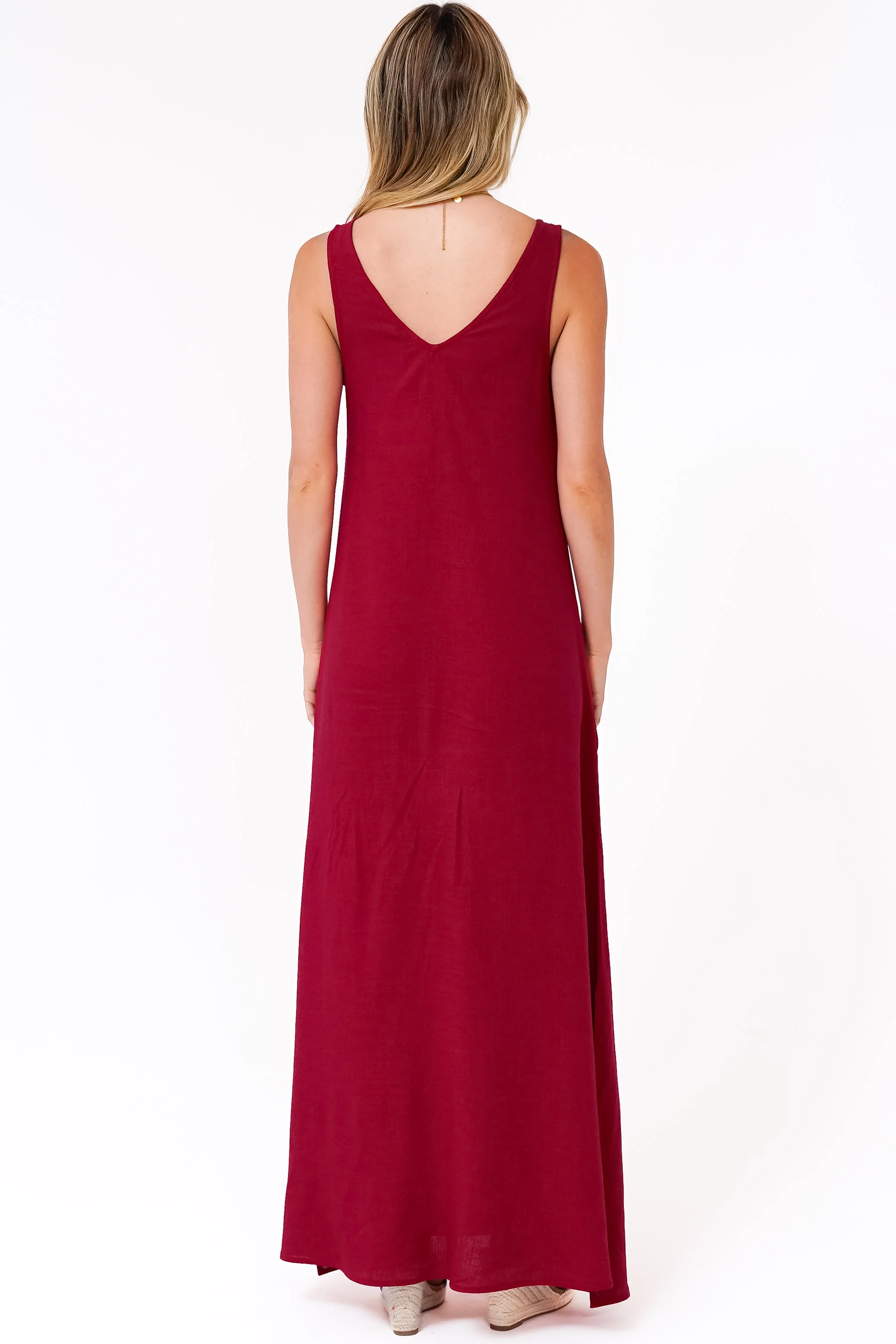 Janeen Maxi Dress - A-Line Sleeveless Dress with Side Splits in Red - Image 9