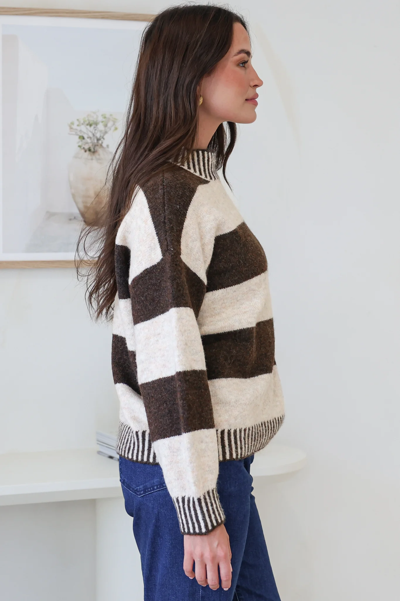 Janie Jumper - Mock Neck Striped Jumper with Contrast Stripe Hemlines in Chocolate - Image 7