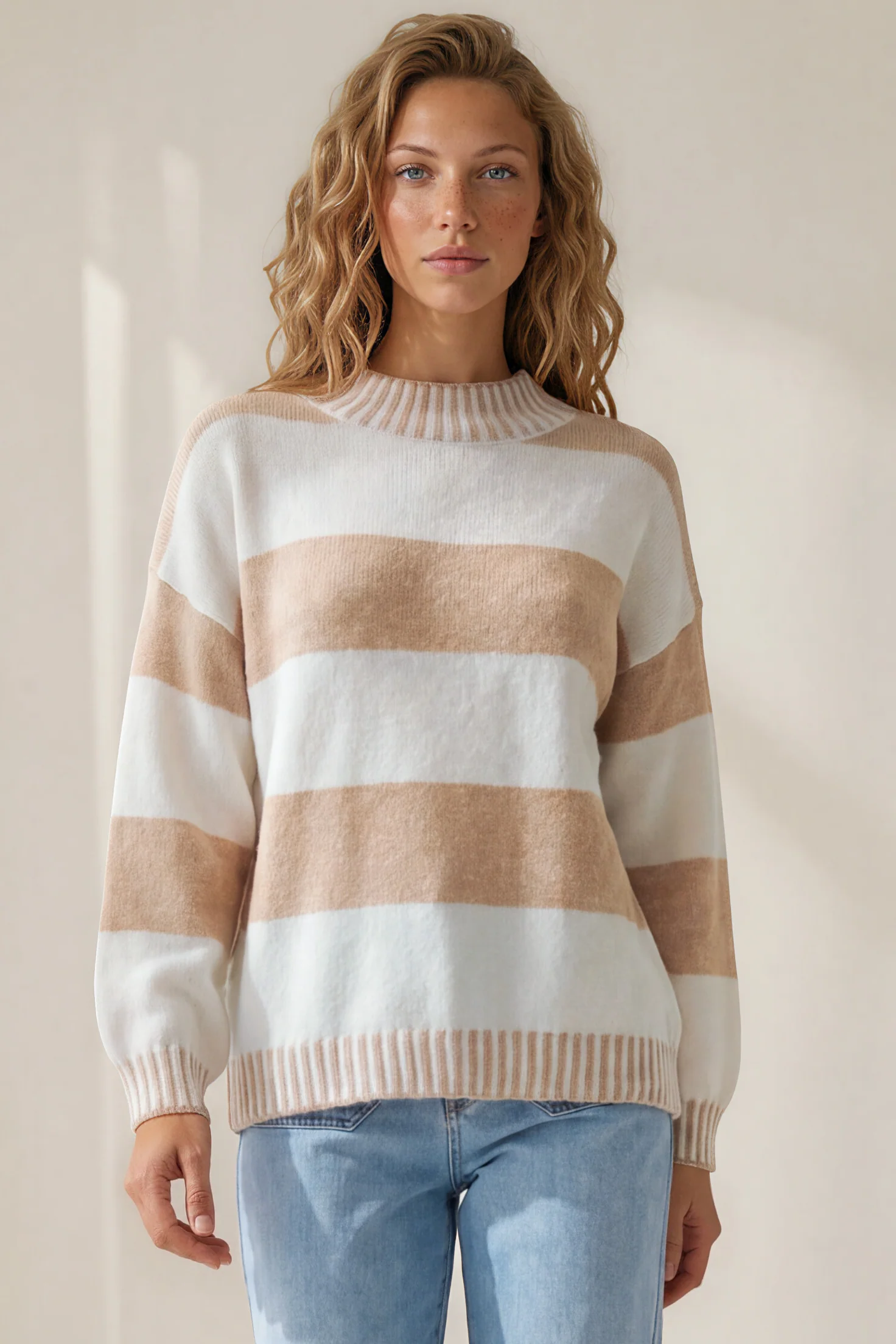 Janie Jumper - Mock Neck Striped Jumper with Contrast Stripe Hemlines in Cream - Image 3
