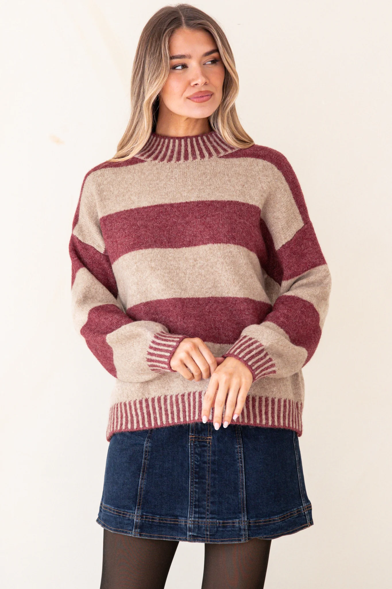 Janie Jumper - Mock Neck Striped Jumper with Contrast Stripe Hemlines in Mauve - Image 6