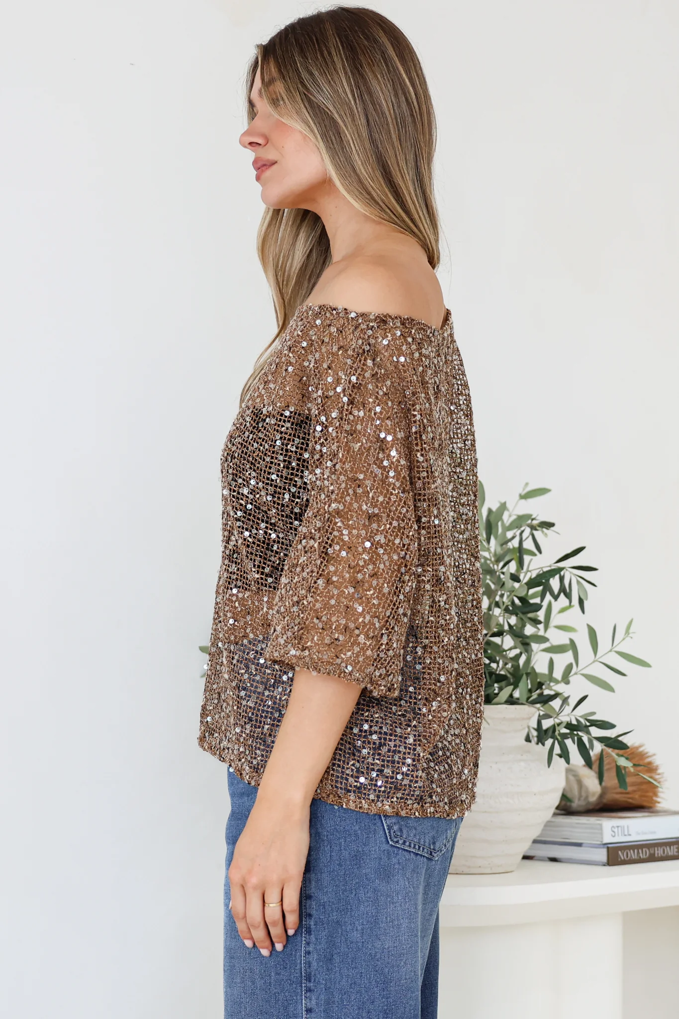 Janina Top - Off Shoulder Asymmetric Relaxed Sequin Mesh Top in Mocha - Image 9