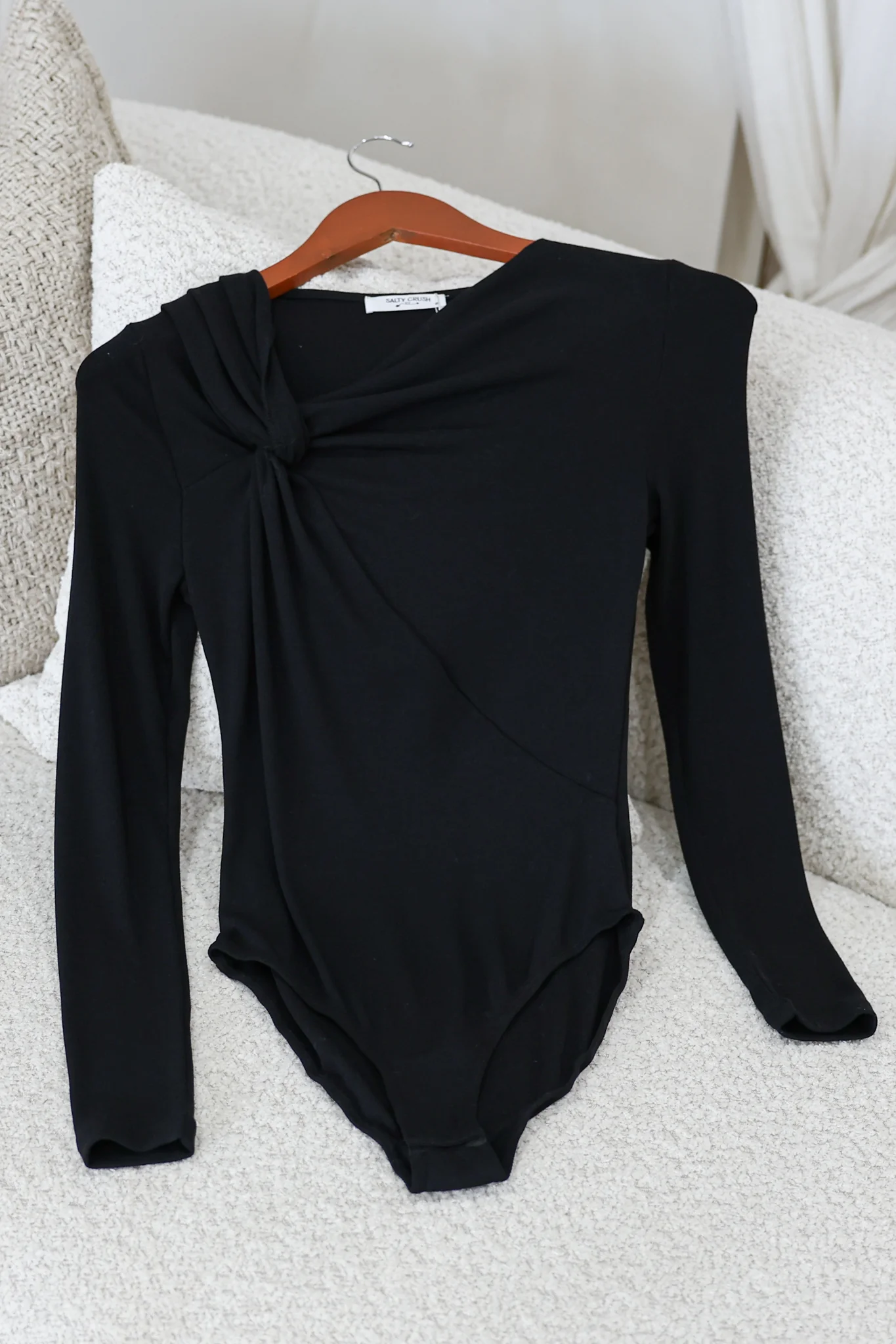 Jessica Bodysuit - Asymmetric Tie Knot Neckline and Push Button Closure in Black - Image 2