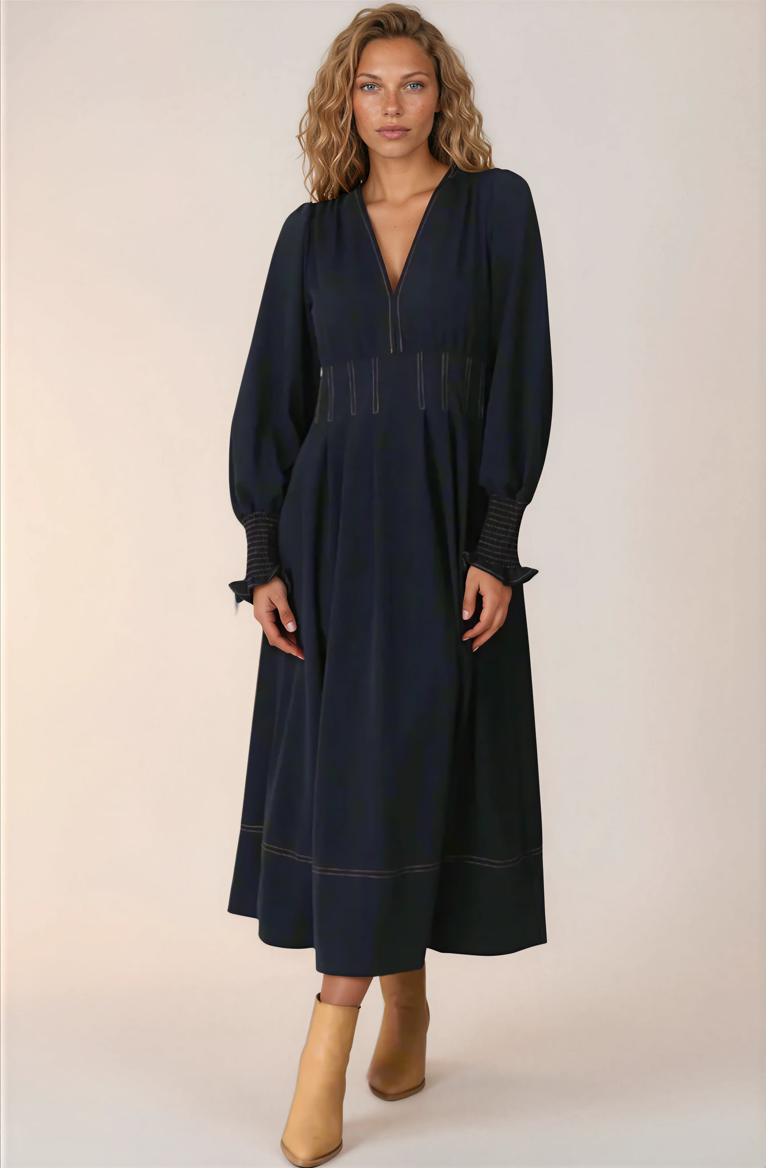 Karey Midi Dress - Fit and Flare Contrast Stitching Dress in Dark Denim - Image 12