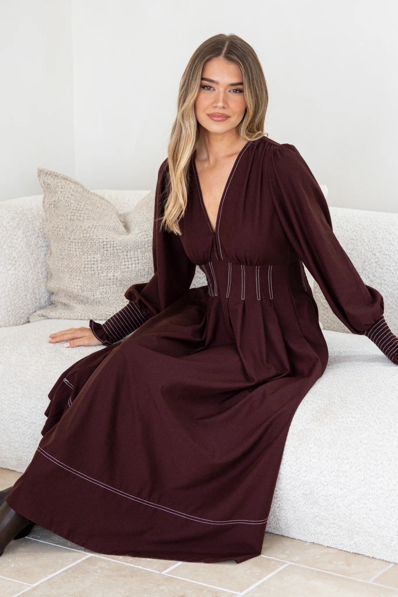Karey Midi Dress - Fit and Flare Contrast Stitching Dress in Wine - Image 3