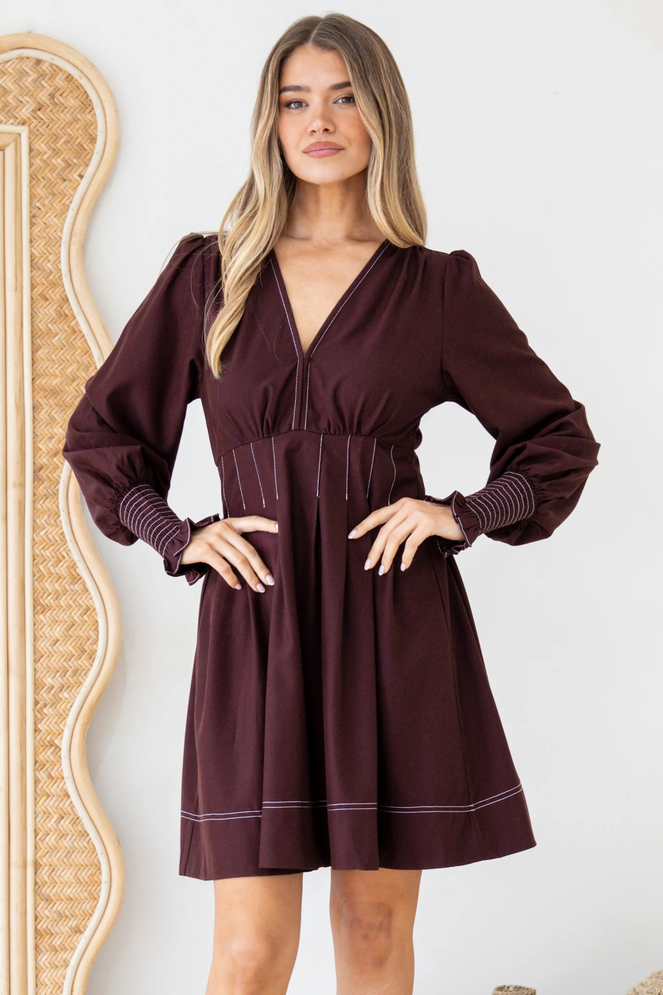 Karey Mini Dress - Fit and Flare Contrasr Stitching Dress in Wine - Image 2