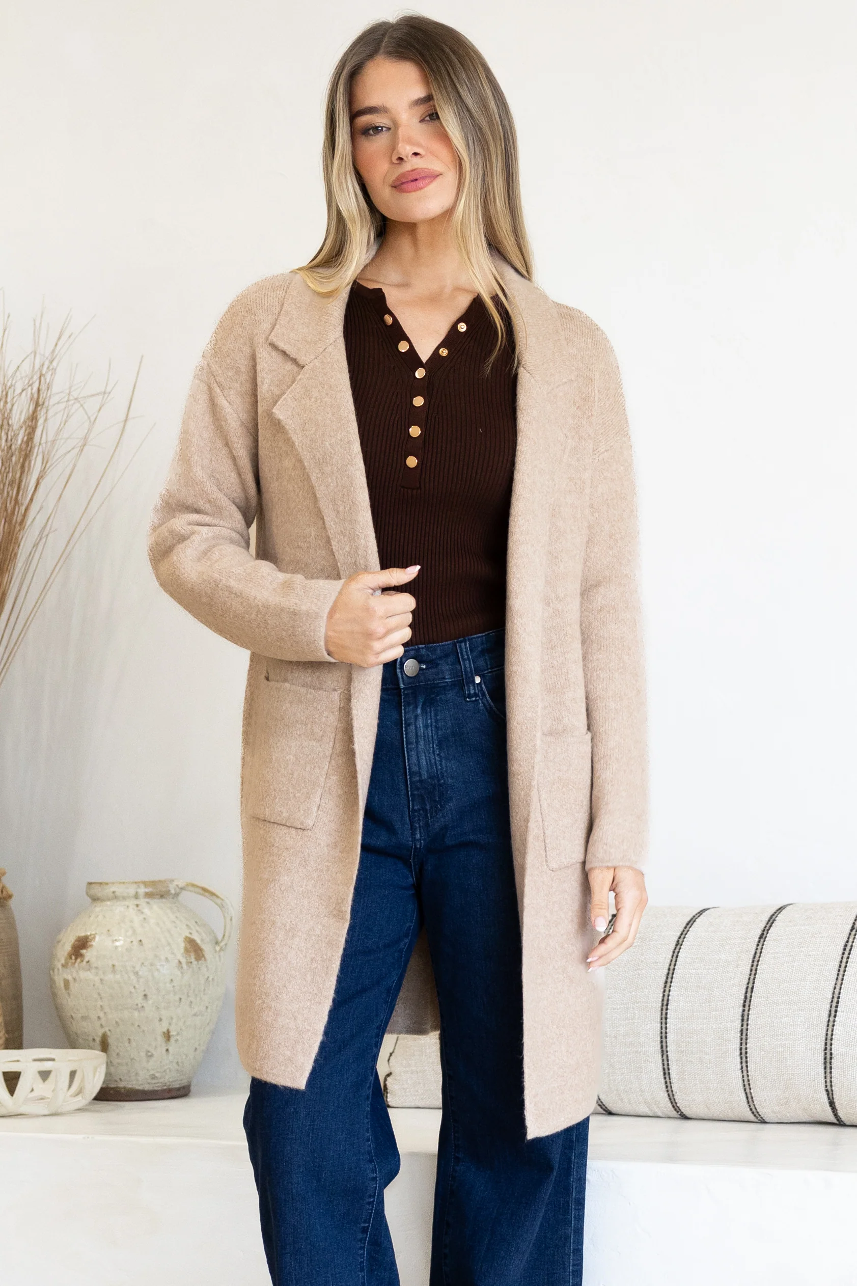 Keagan Cardigan - Folded Lapel Collar Coatigan with Pockets in Camel - Image 3