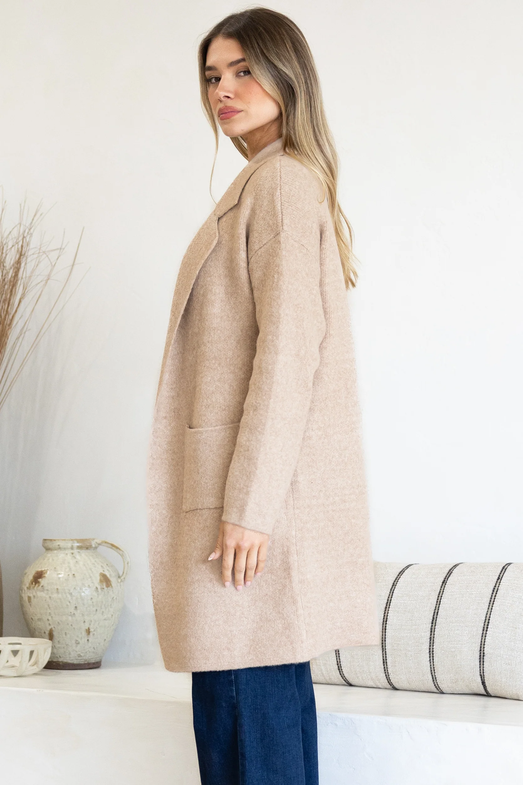 Keagan Cardigan - Folded Lapel Collar Coatigan with Pockets in Camel - Image 7