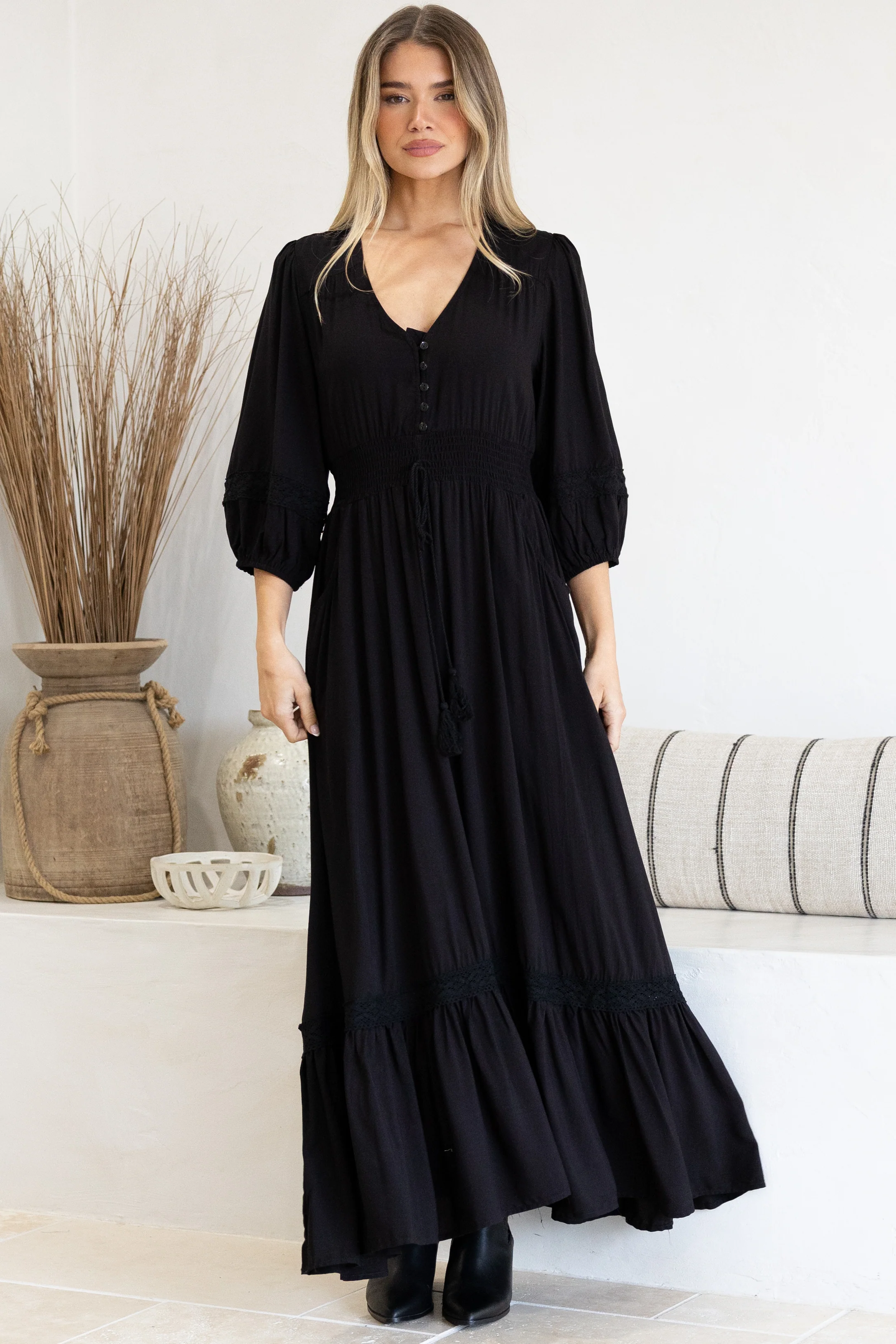 Kiaba Maxi Dress - V-Neck Buttoned Bodice 3/4 Sleeve A-Line Dress with Lace Inserts in Black - Image 4