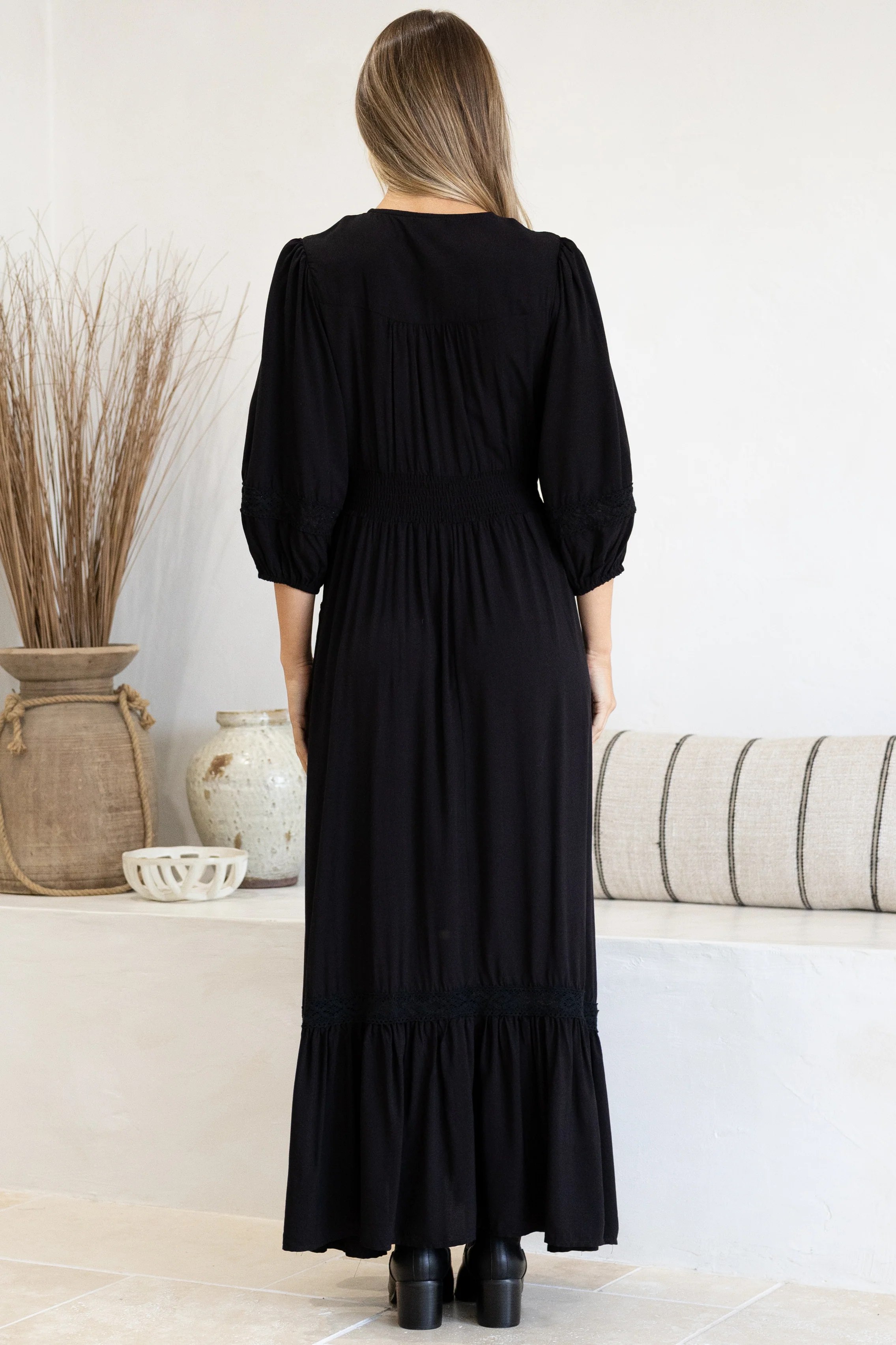 Kiaba Maxi Dress - V-Neck Buttoned Bodice 3/4 Sleeve A-Line Dress with Lace Inserts in Black - Image 8