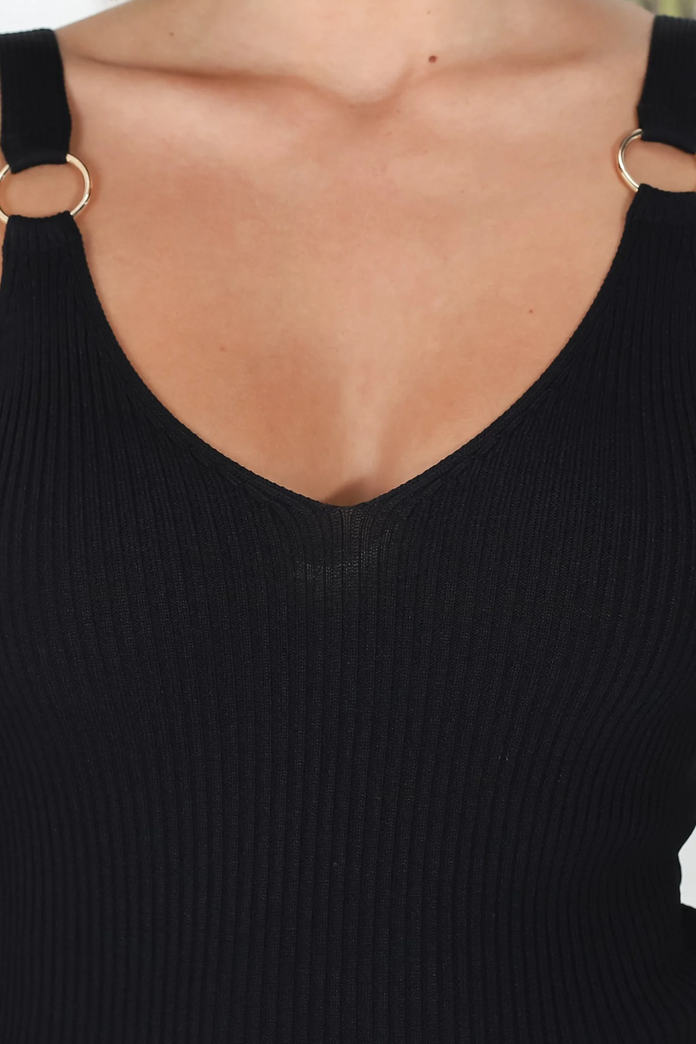 Lacen Ribbed Top - Gold Ring Detail V Neck Singlet Top in Black - Image 10