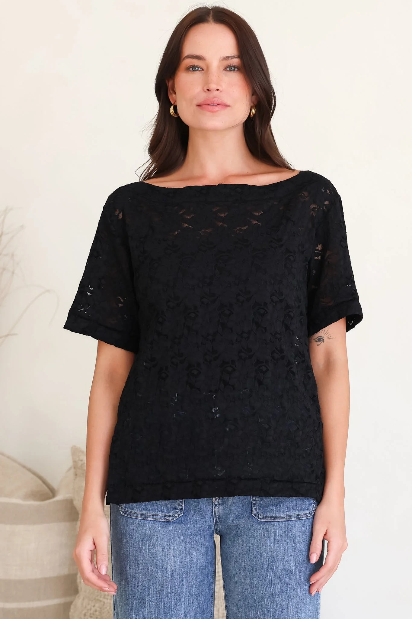 Lenka Lace Top - Asymmetric Relaxed Floral Lace Tee with Side Splits in Black - Image 4