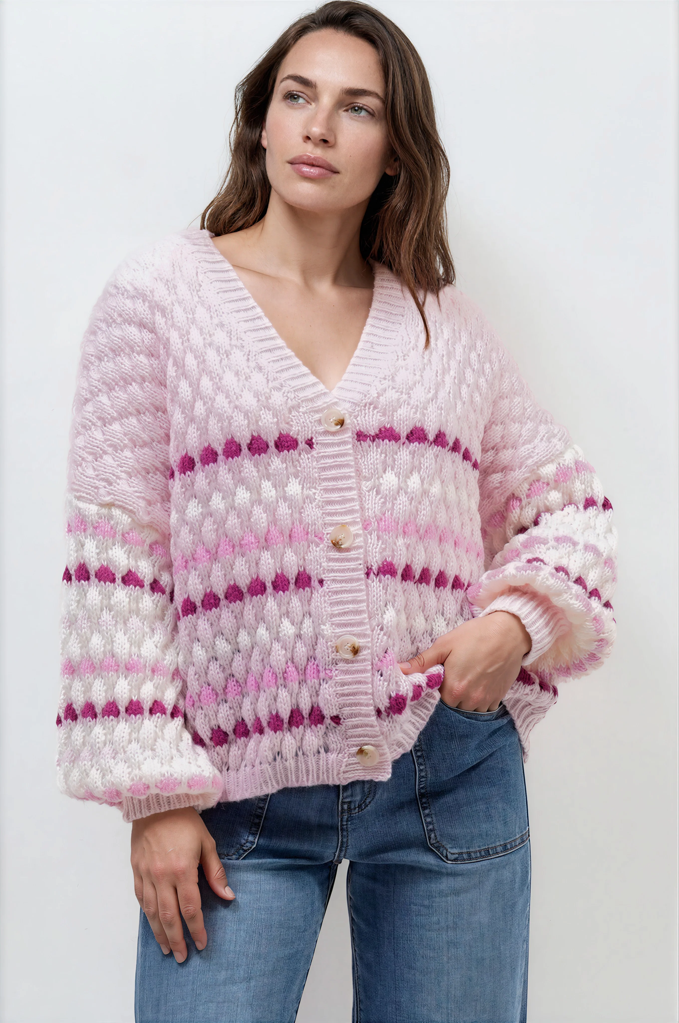 Lyla Cardigan - V Neck Button Front Bubble Knit with Contrast Stripes in Pink - Image 2