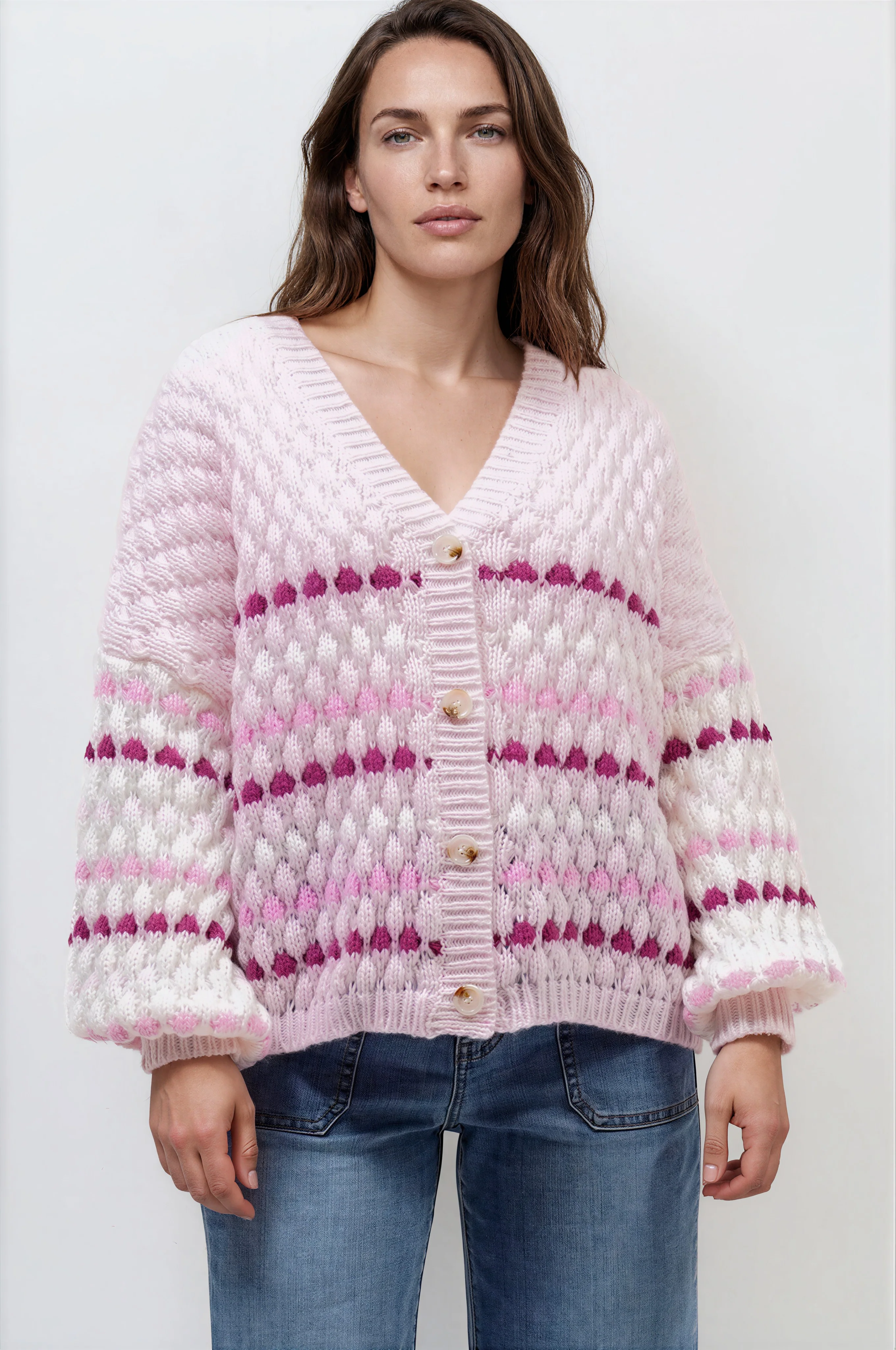 Lyla Cardigan - V Neck Button Front Bubble Knit with Contrast Stripes in Pink - Image 4