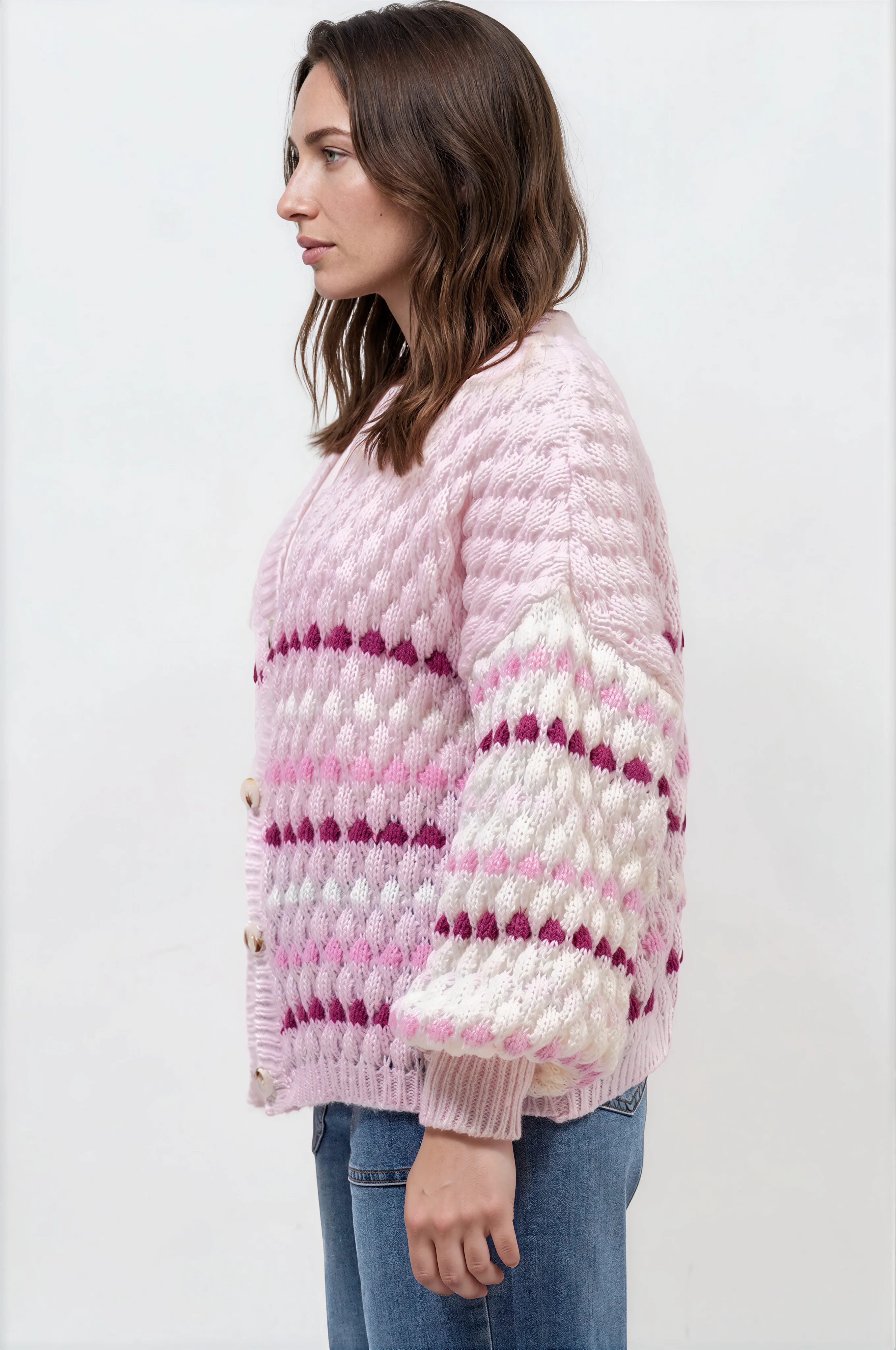 Lyla Cardigan - V Neck Button Front Bubble Knit with Contrast Stripes in Pink - Image 5