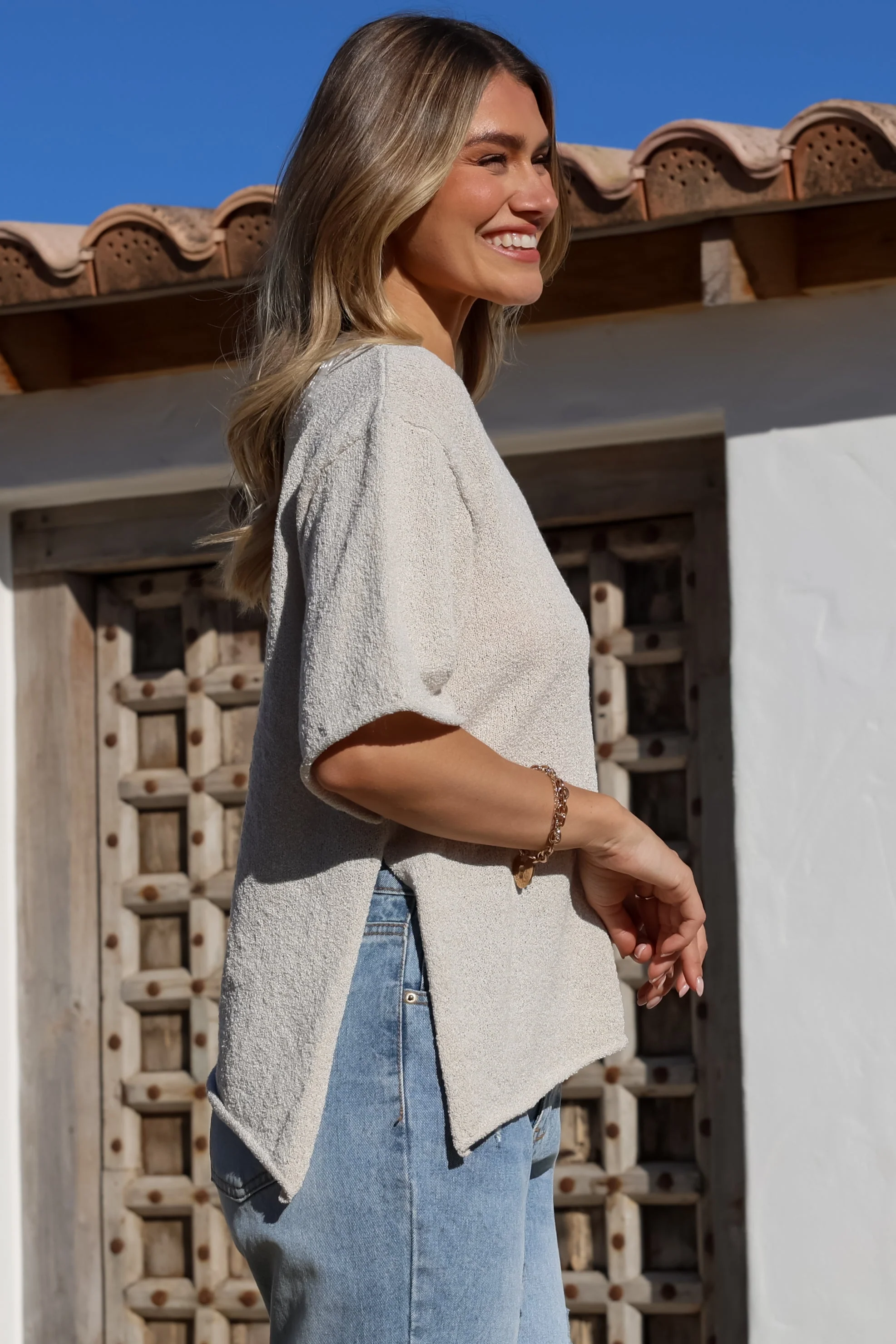 Lysandra Knit Top - Slouchy Asymmetrical Neckline Top in Oat - Image 6