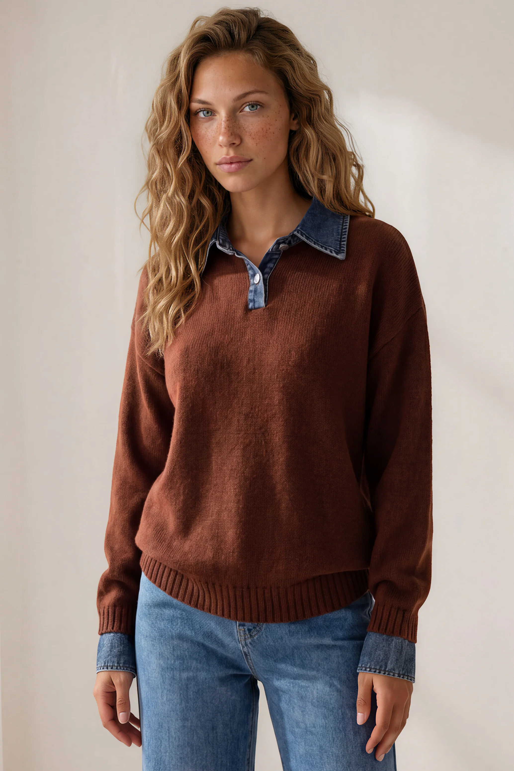 Maddie Jumper - Denim Wing Collar and Cuff Knit Pullover in Chocolate - Image 2
