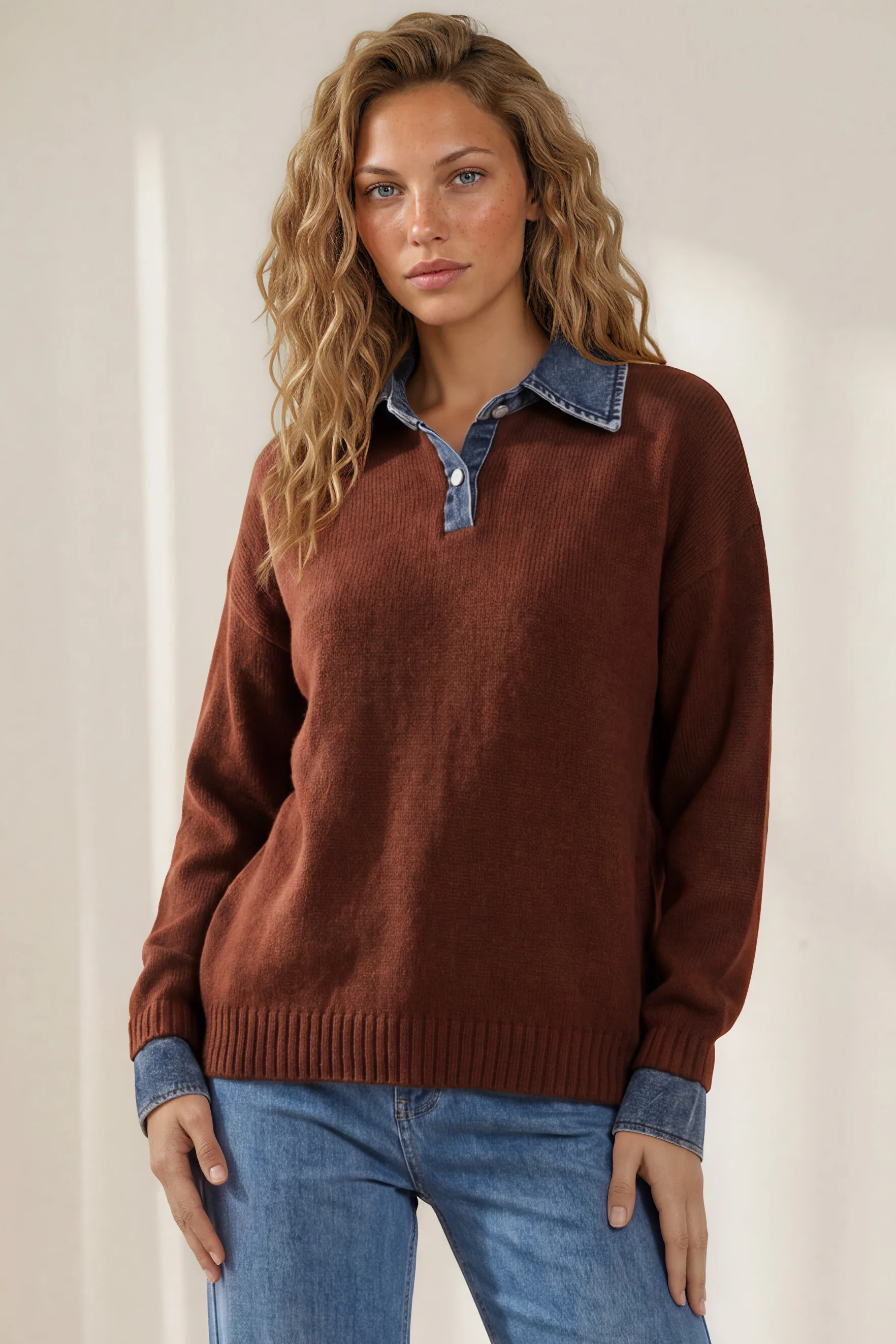 Maddie Jumper - Denim Wing Collar and Cuff Knit Pullover in Chocolate - Image 4