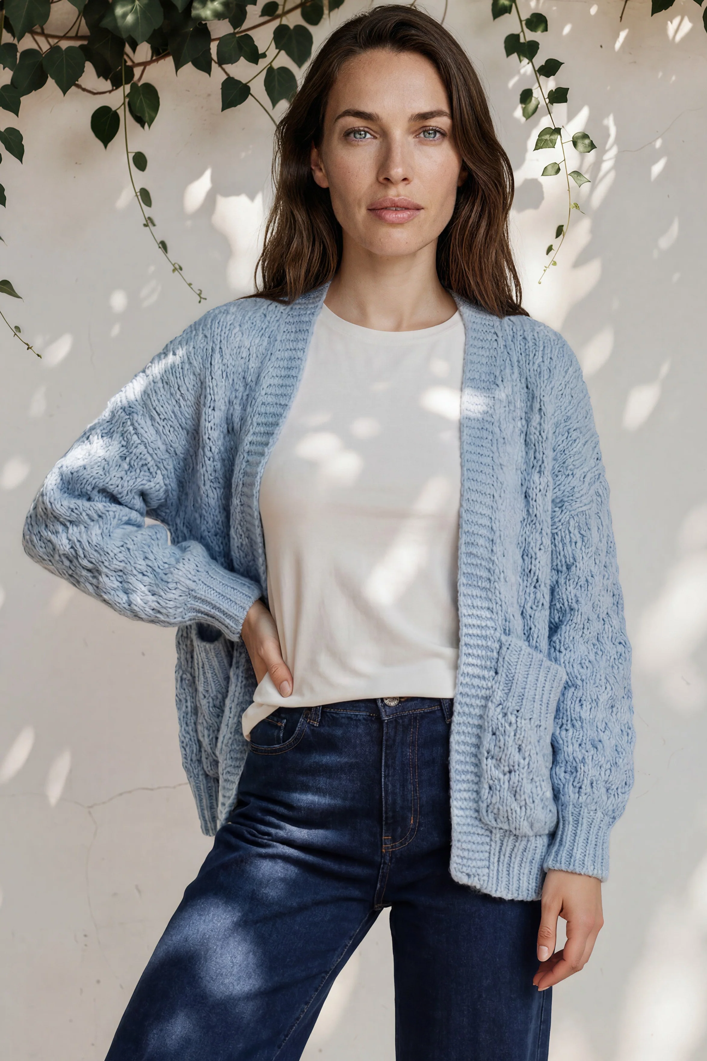 Manny Cardigan - Chunky Open Cropped Cable Knit with Rib Knit Trims and Pockets in Blue - Image 2