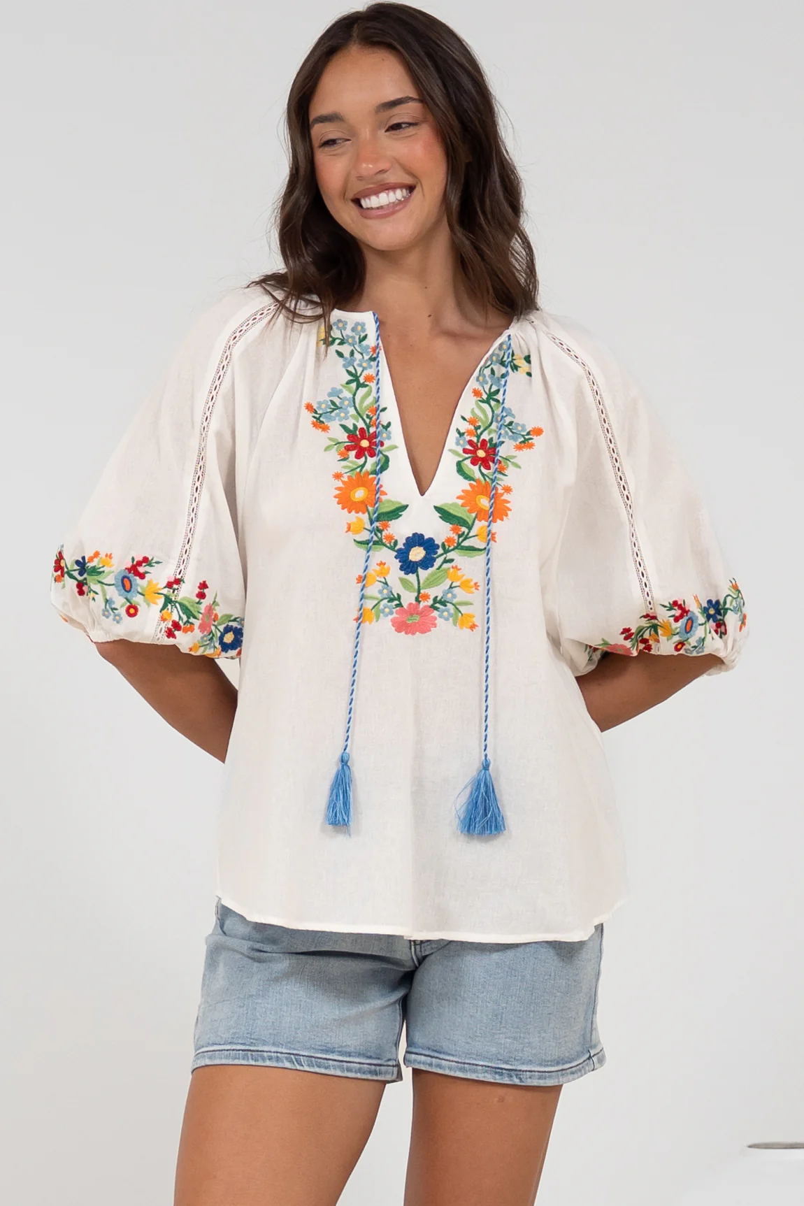 Margerie Top - Floral Embroidered Top with 3/4 Sleeves in White - Image 6