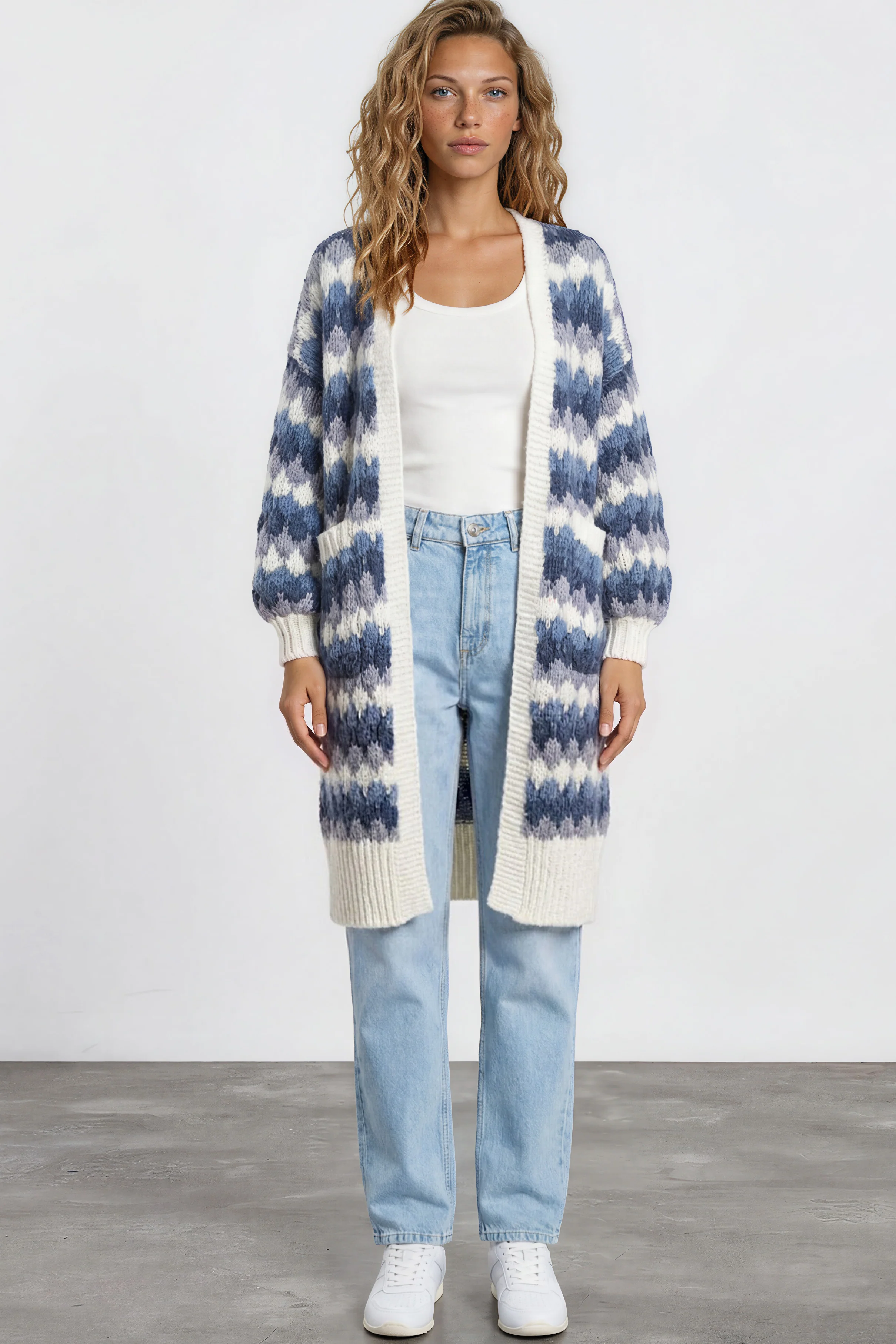 Marlie Cardigan - Open Front Stripe Bubble Knit with Pockets in Blue - Image 2