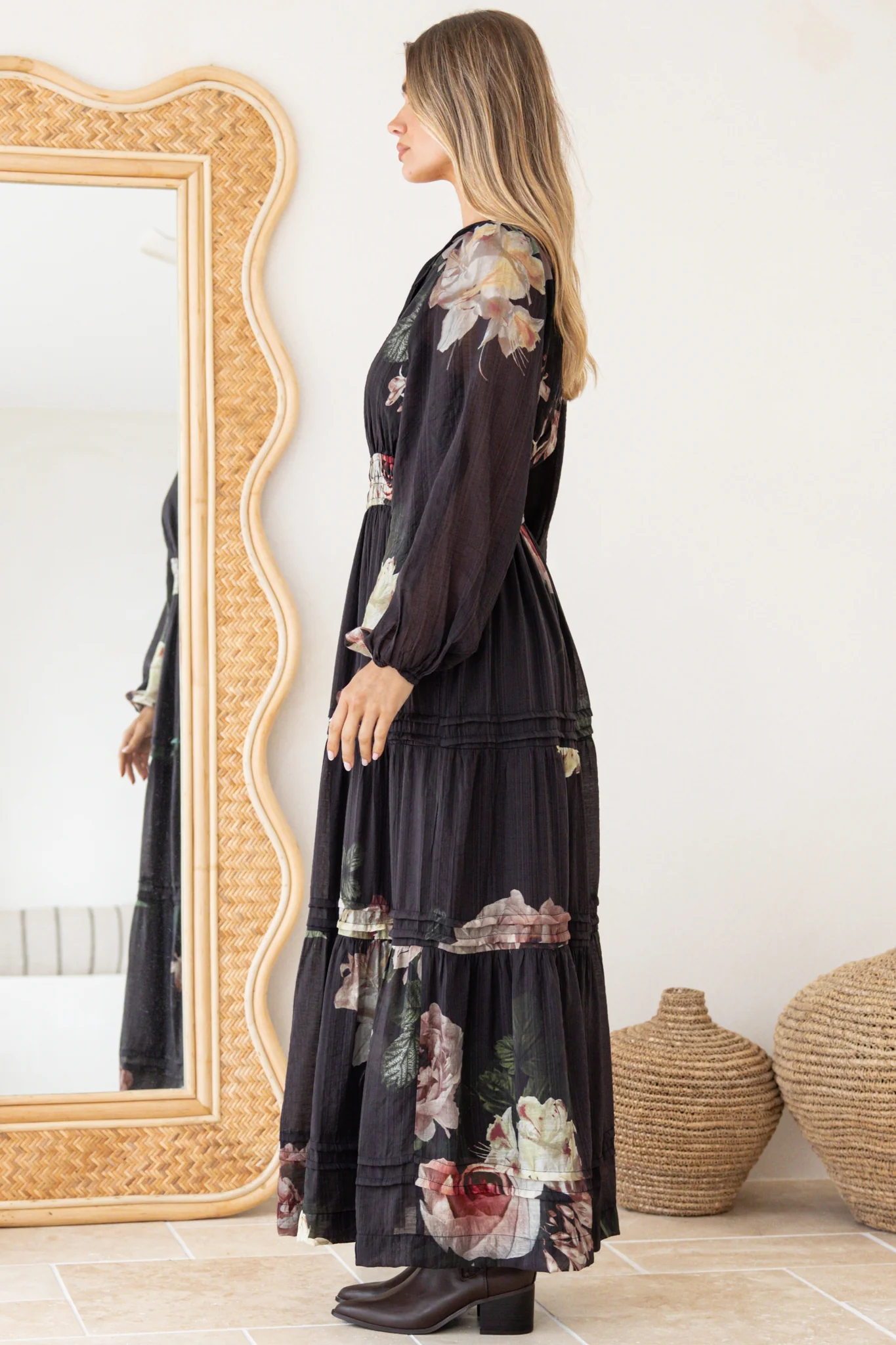 Maroney Maxi Dress - Pleat Detailed A-Line Dress with Balloon Sleeves in Mika Print - Image 7
