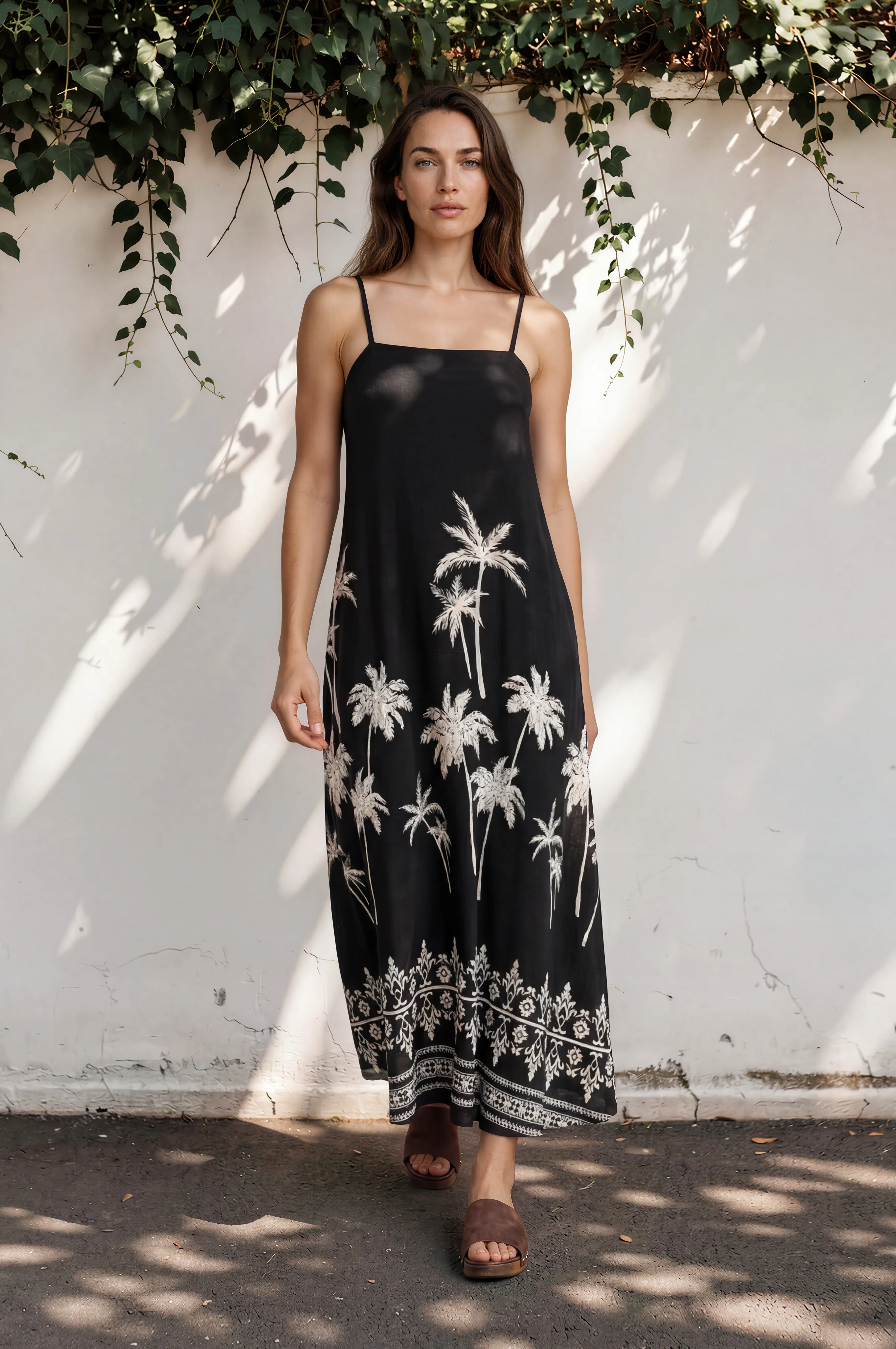 Mattina Maxi Dress: Spaghetti Strap Sun Dress in Aviv Print Black - Image 3