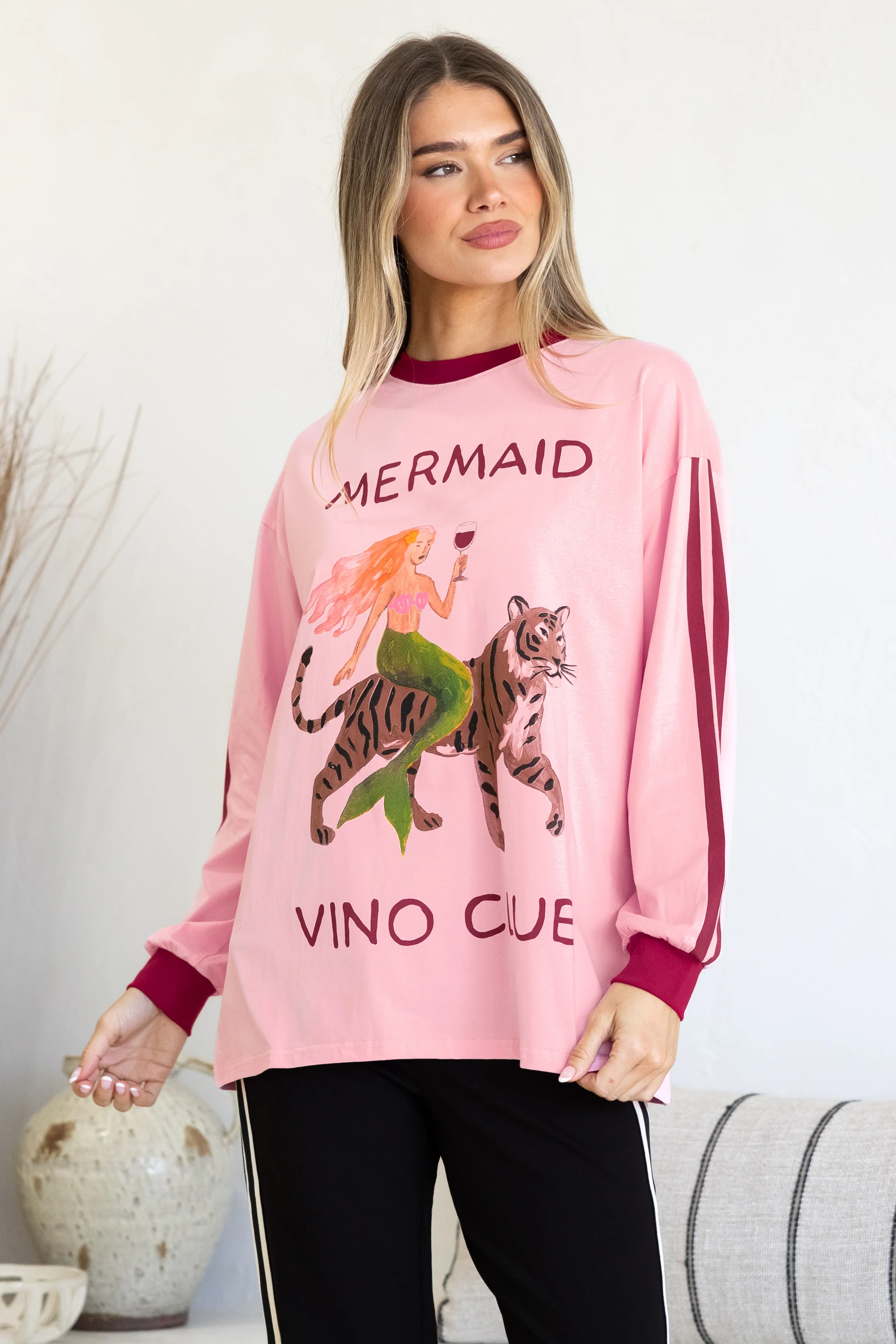 Mermaid Vino Long Sleeve Tee - Crew Neck Contrast Stripe Graphic T-Shirt in Pink - Image 2