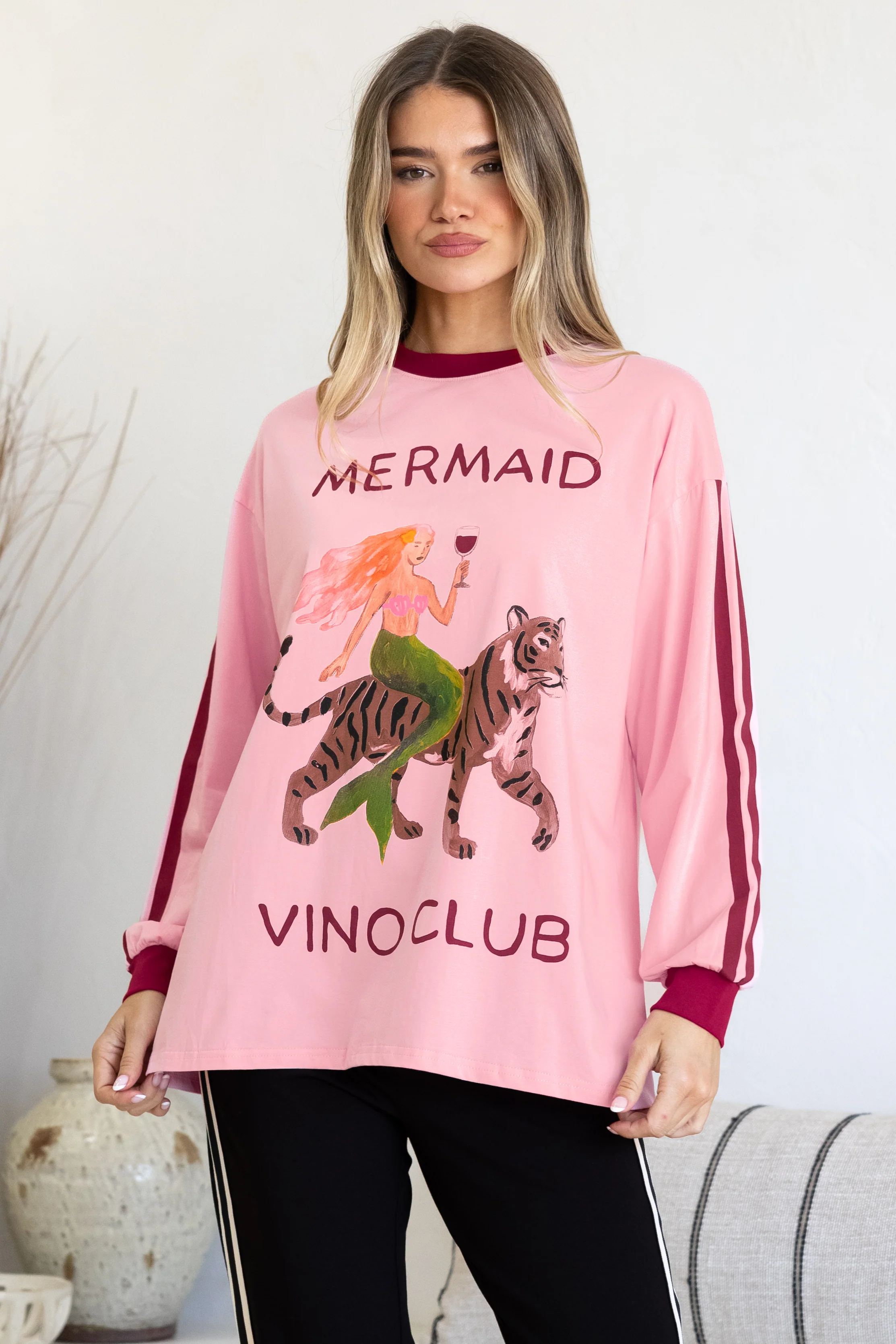 Mermaid Vino Long Sleeve Tee - Crew Neck Contrast Stripe Graphic T-Shirt in Pink - Image 5
