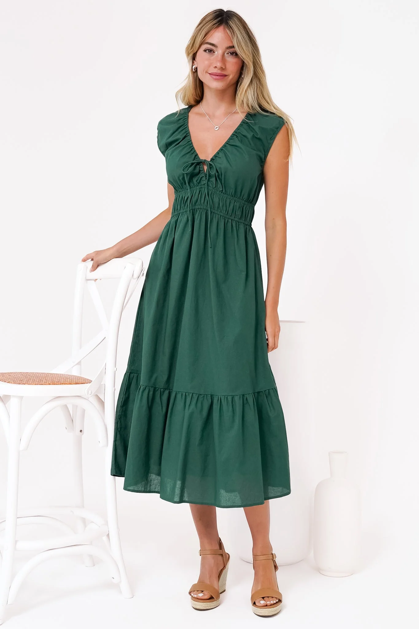 Miramar Midi Dress - V-Neck Gathered Bust Cap Sleeve Dress with Pockets in Emerald - Image 5