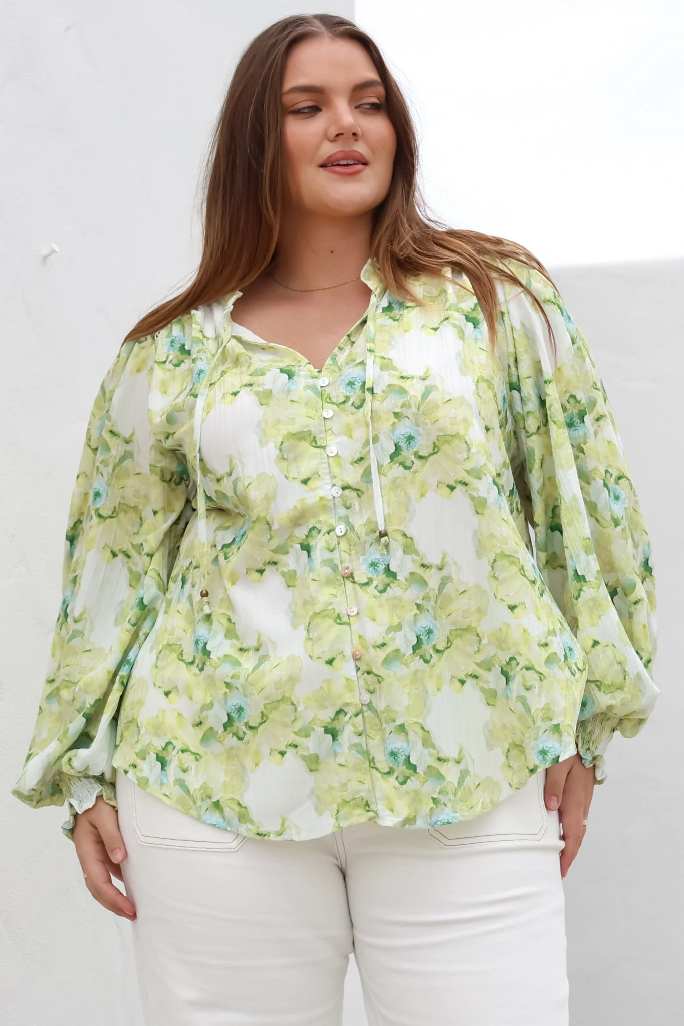 Moree Blouse - Frill Collar Neck Tie Button Down Shirt in Franc Print Lime - Image 4