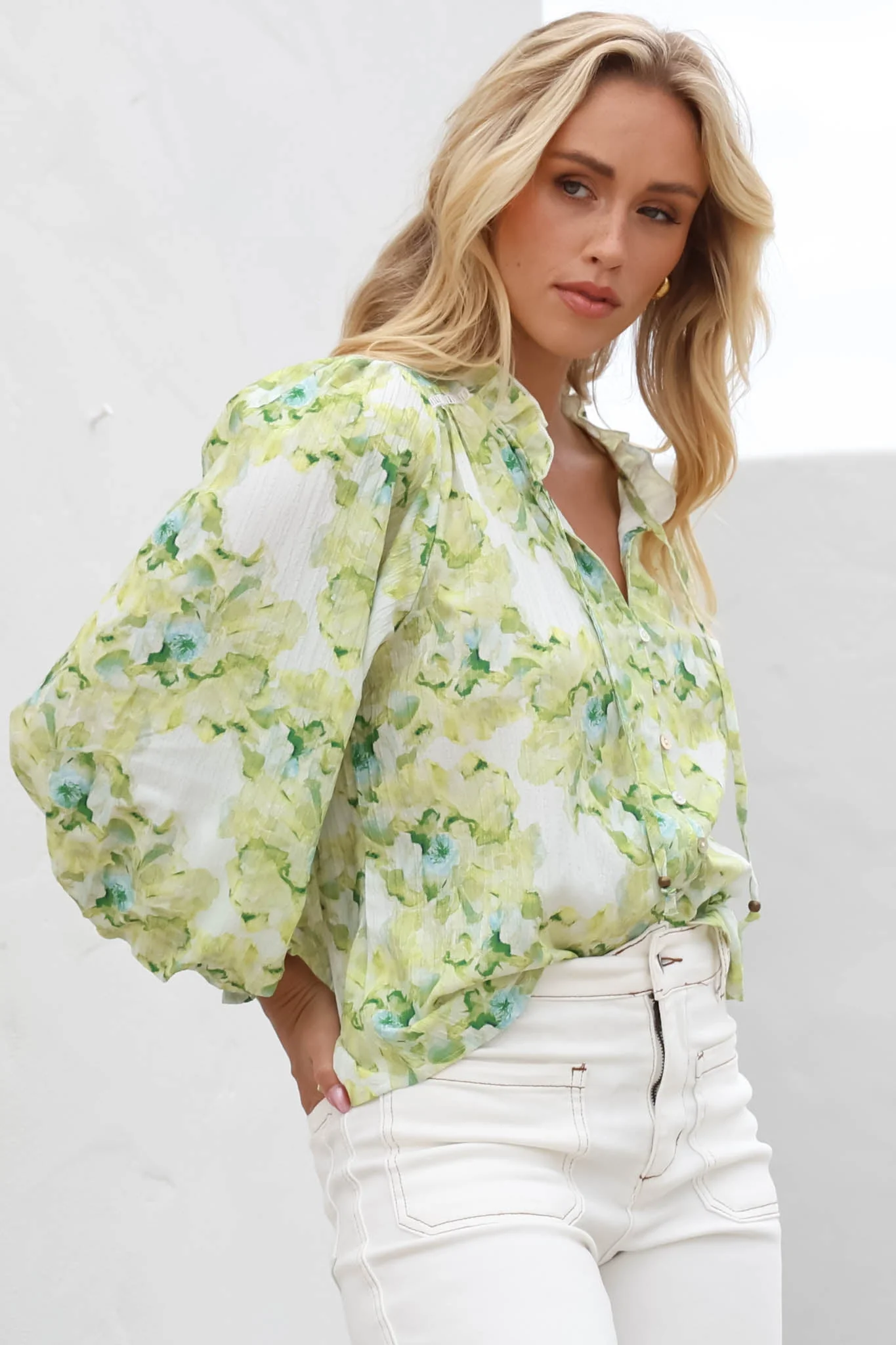 Moree Blouse - Frill Collar Neck Tie Button Down Shirt in Franc Print Lime - Image 7