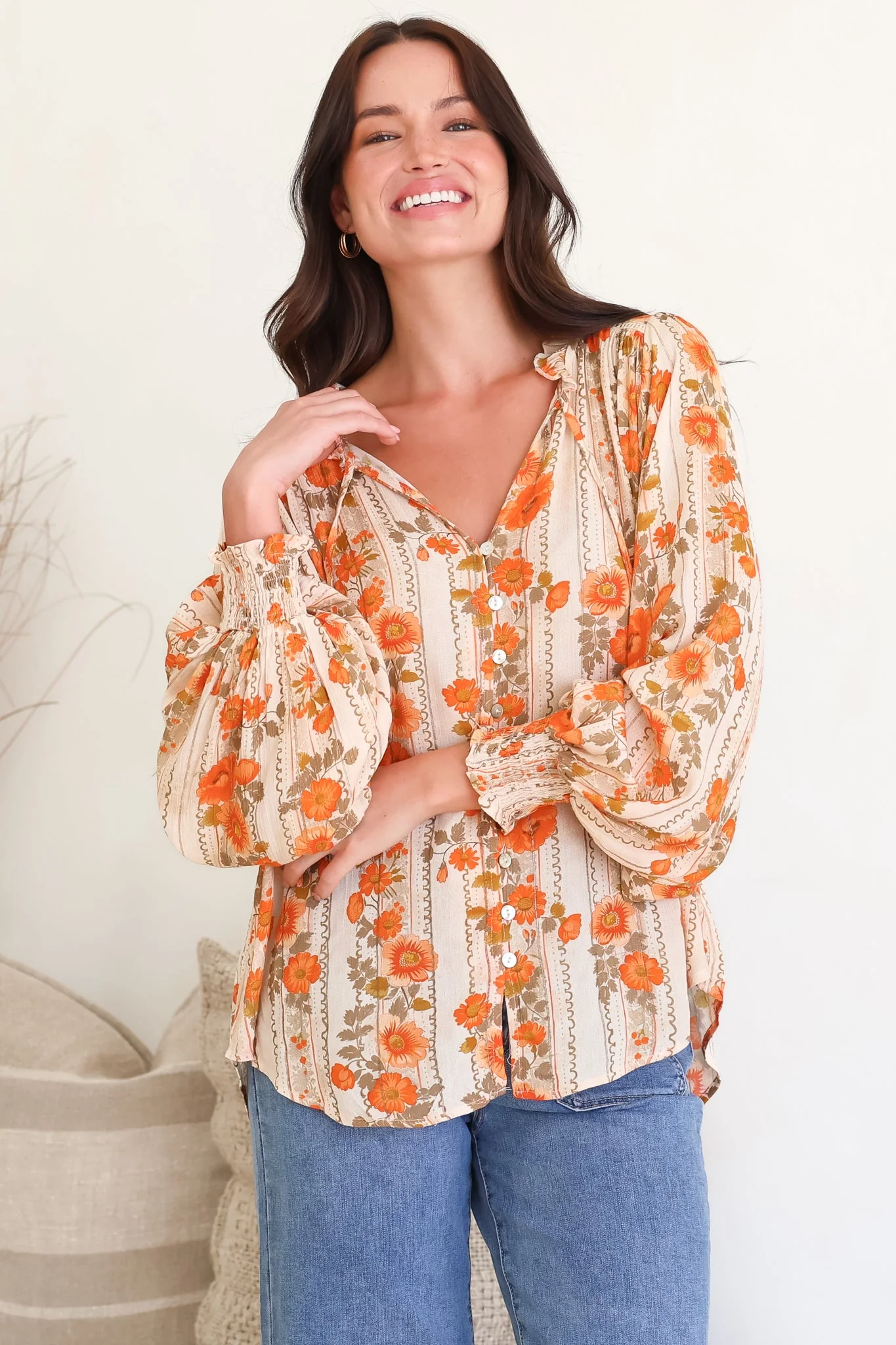 Moree Blouse - Frill Collar Neck Tie Button Down Shirt in Vondrosa Print - Image 6