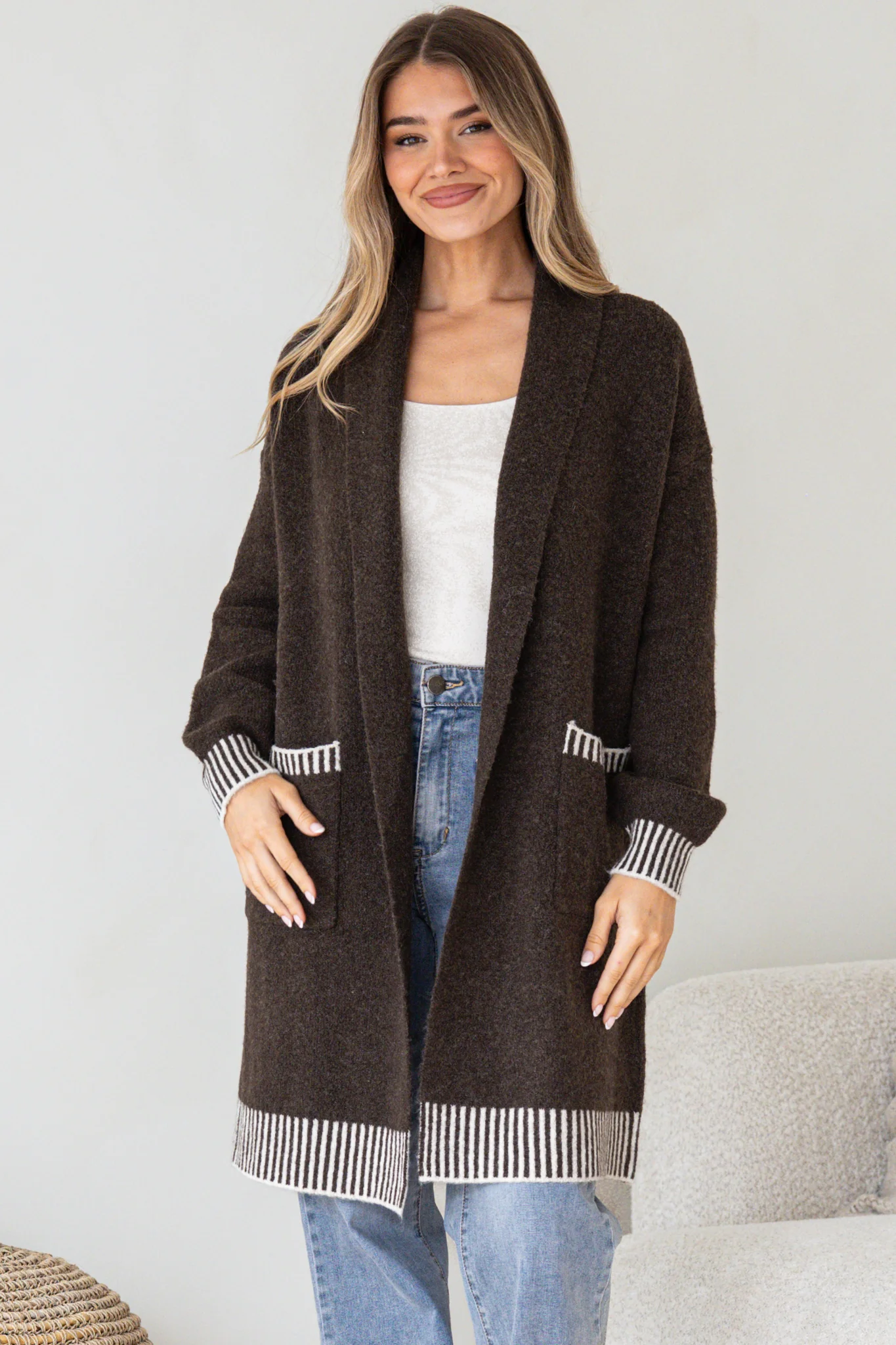 Nattie Cardigan - Folded Collar Knit with Contrast Stripe Hemlines and Pockets in Dark Brown - Image 4