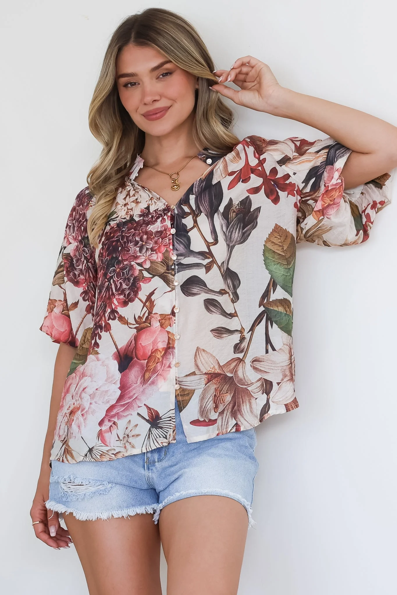 Nayra Blouse - Mandarin Collar Buttoned Down with Puff Sleeves in Leonor Print - Image 4