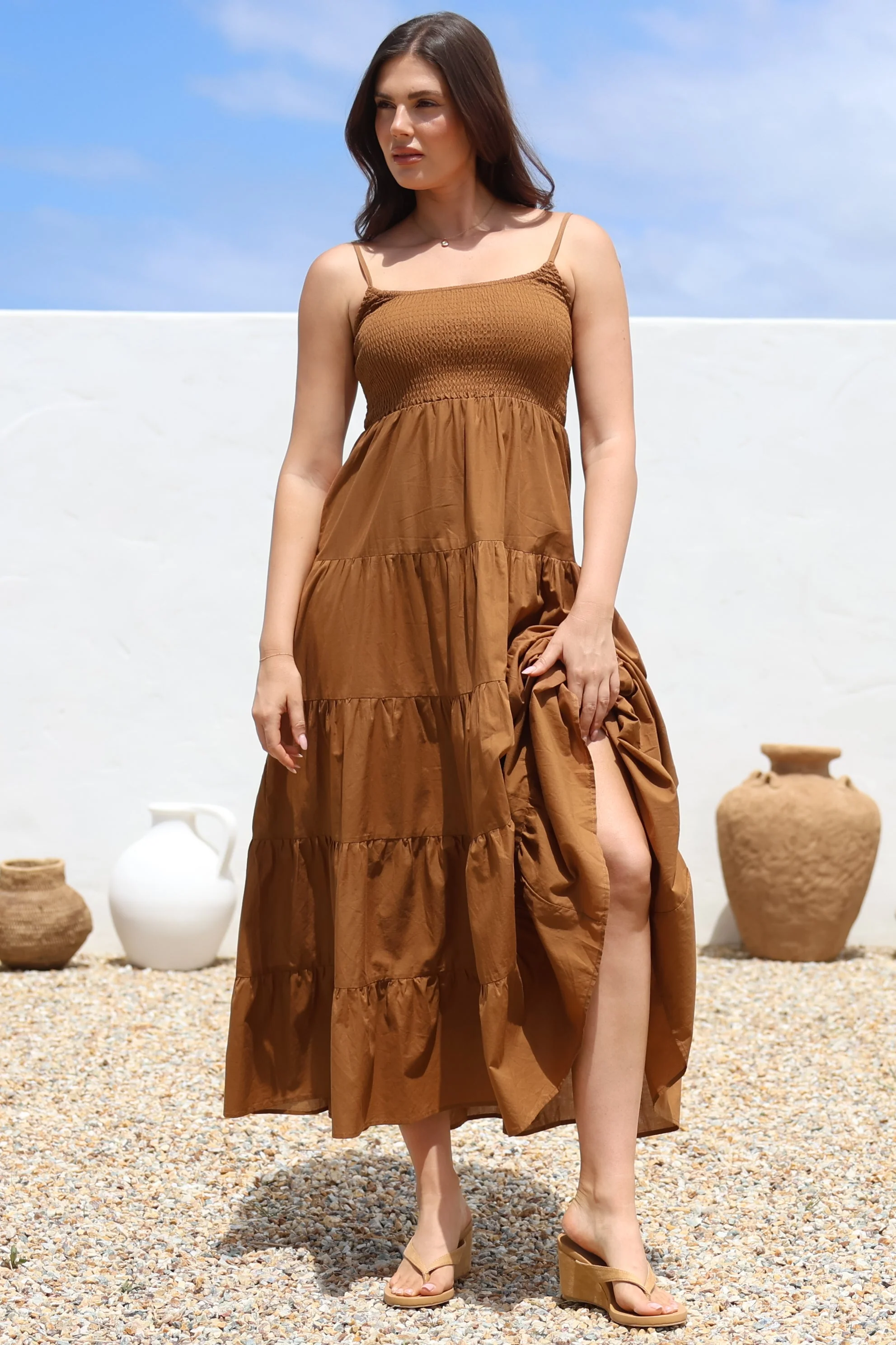 Nessa Maxi Dress - Tie Up Strap Tiered Sun Dress in Tan - Image 2