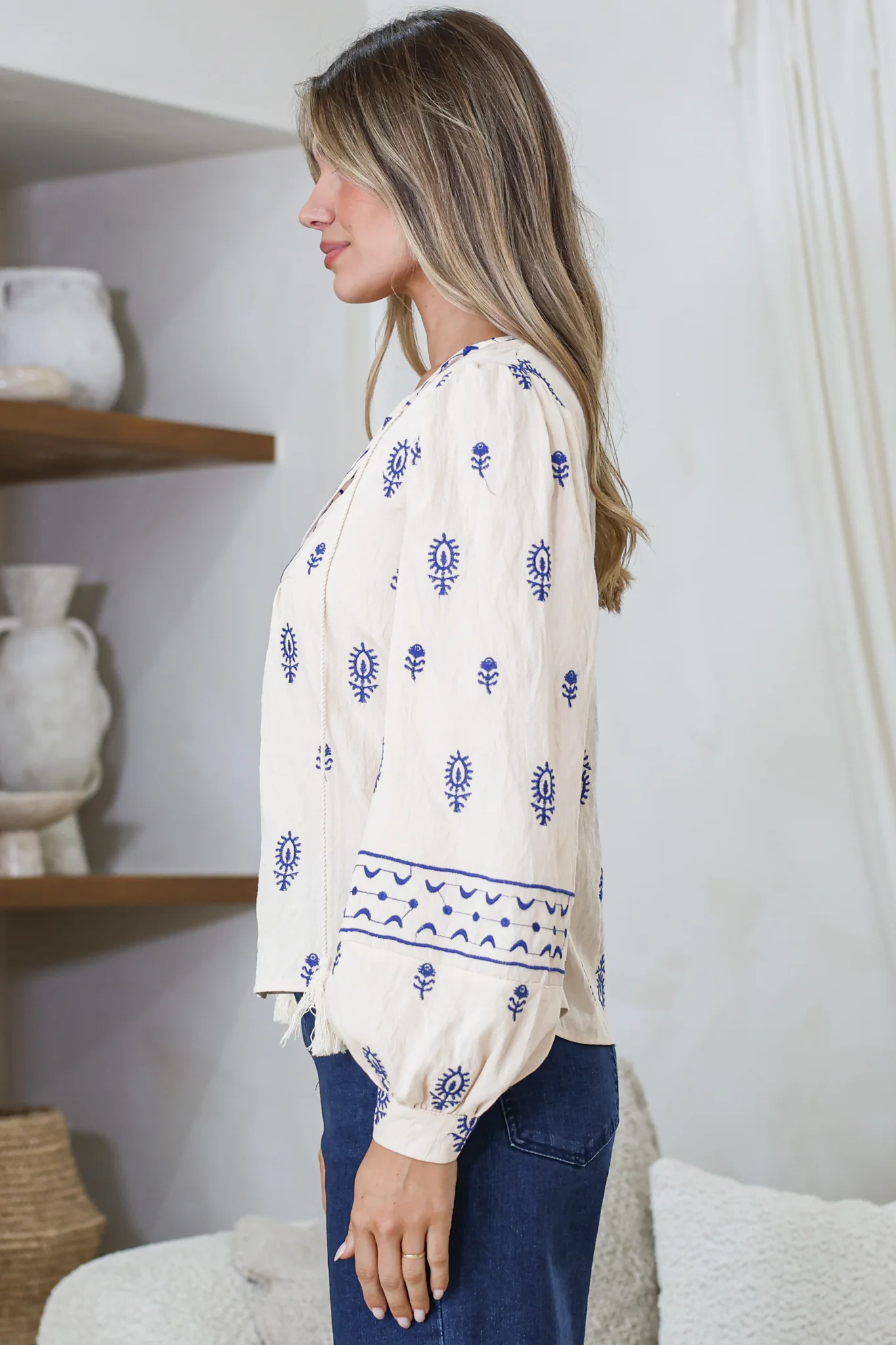 Nouveau Top - V Neck Embroidered Pullover with Long Cuffed Sleeves in Cream - Image 6
