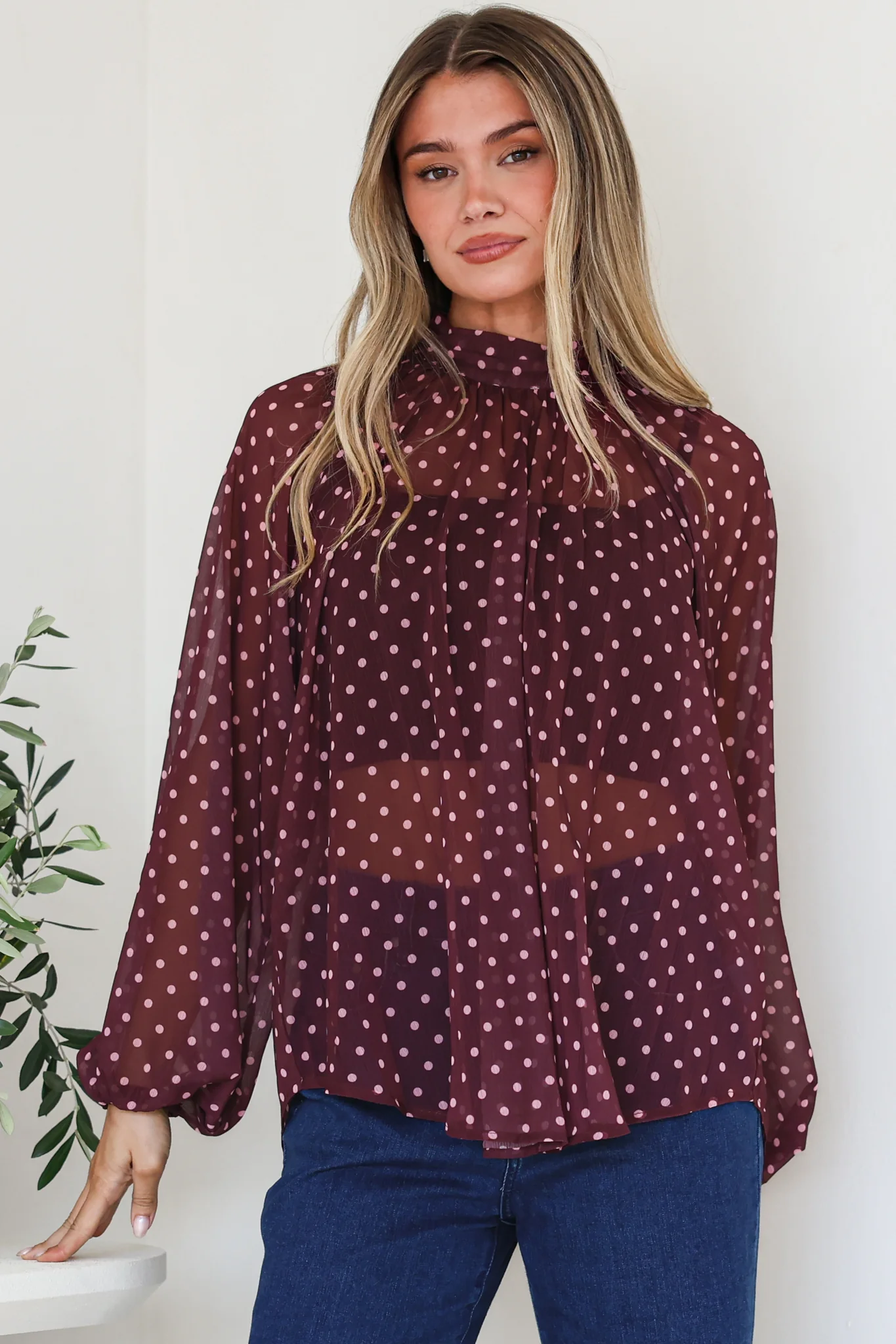 Paramount Blouse - High Collar Balloon Sleeve Sheer Balloon Sleeve Pull Over in Wine Polka Dot - Image 2
