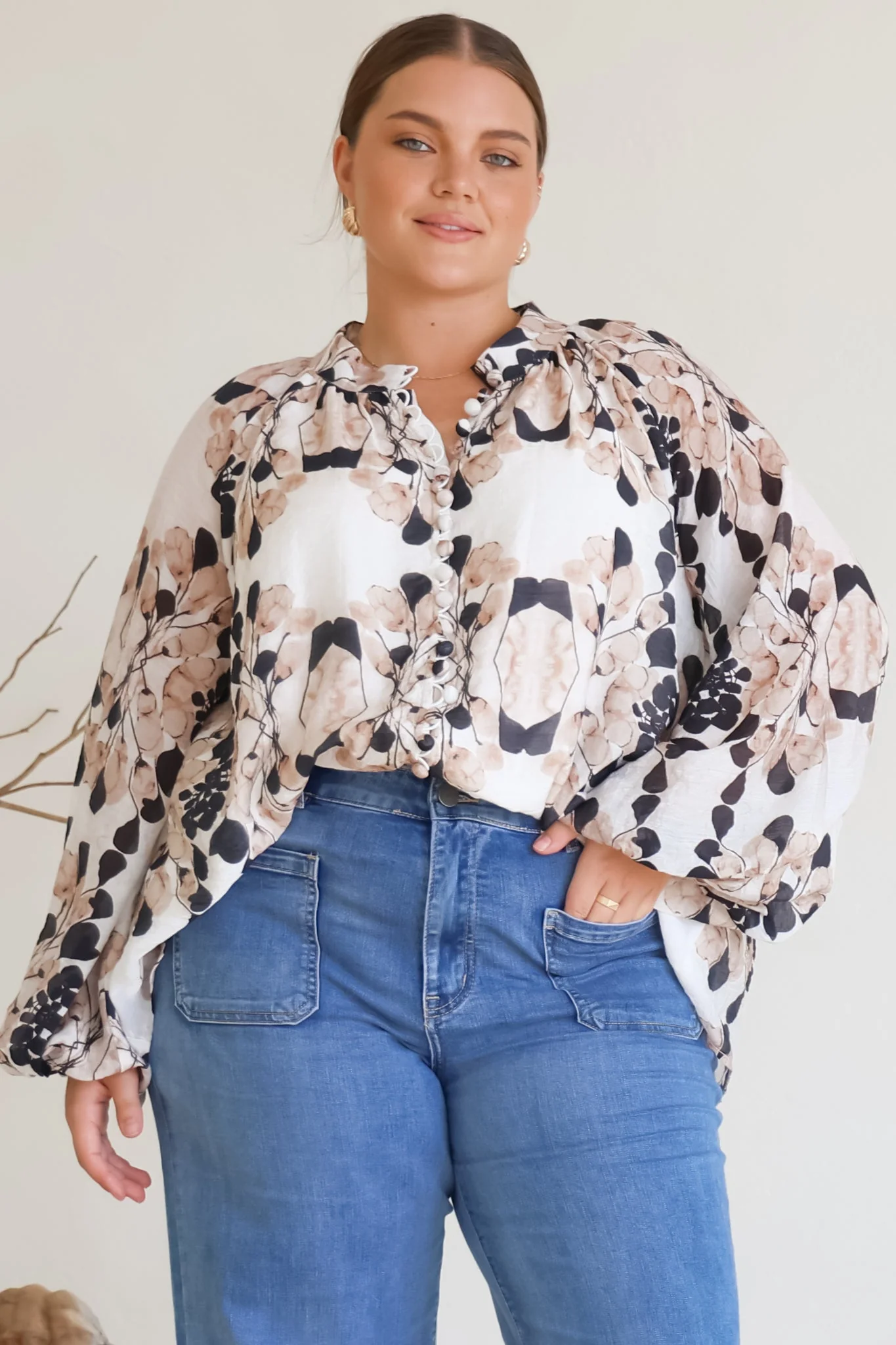 Portia Blouse - Button Down Mandarin Collar Shirt in Calea Print Beige - Image 15
