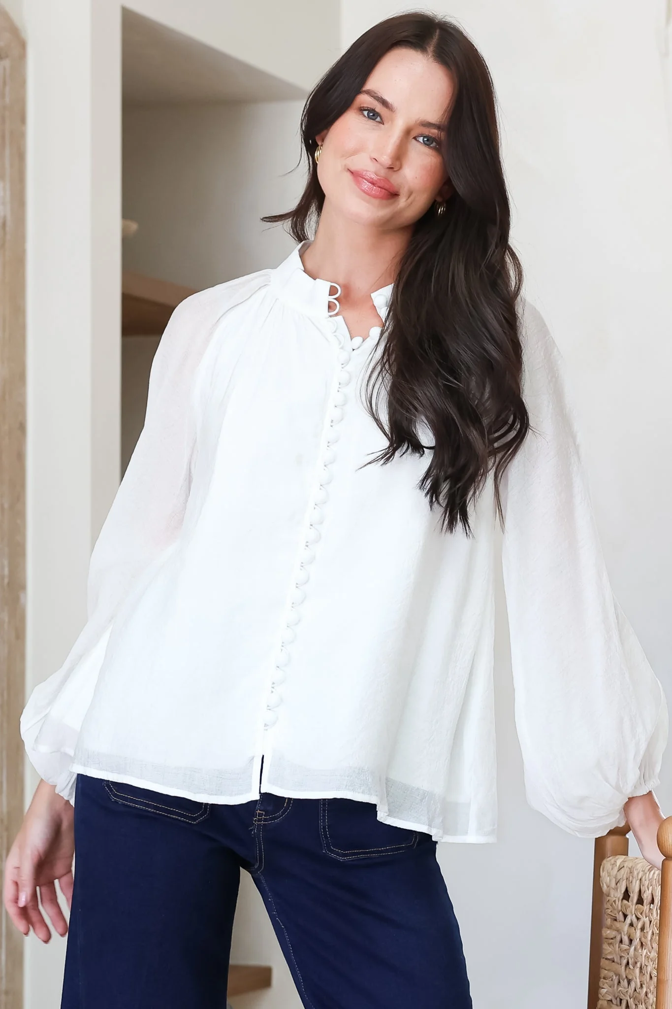 Portia Blouse - Button Down Mandarin Collar Shirt in Cream - Image 4
