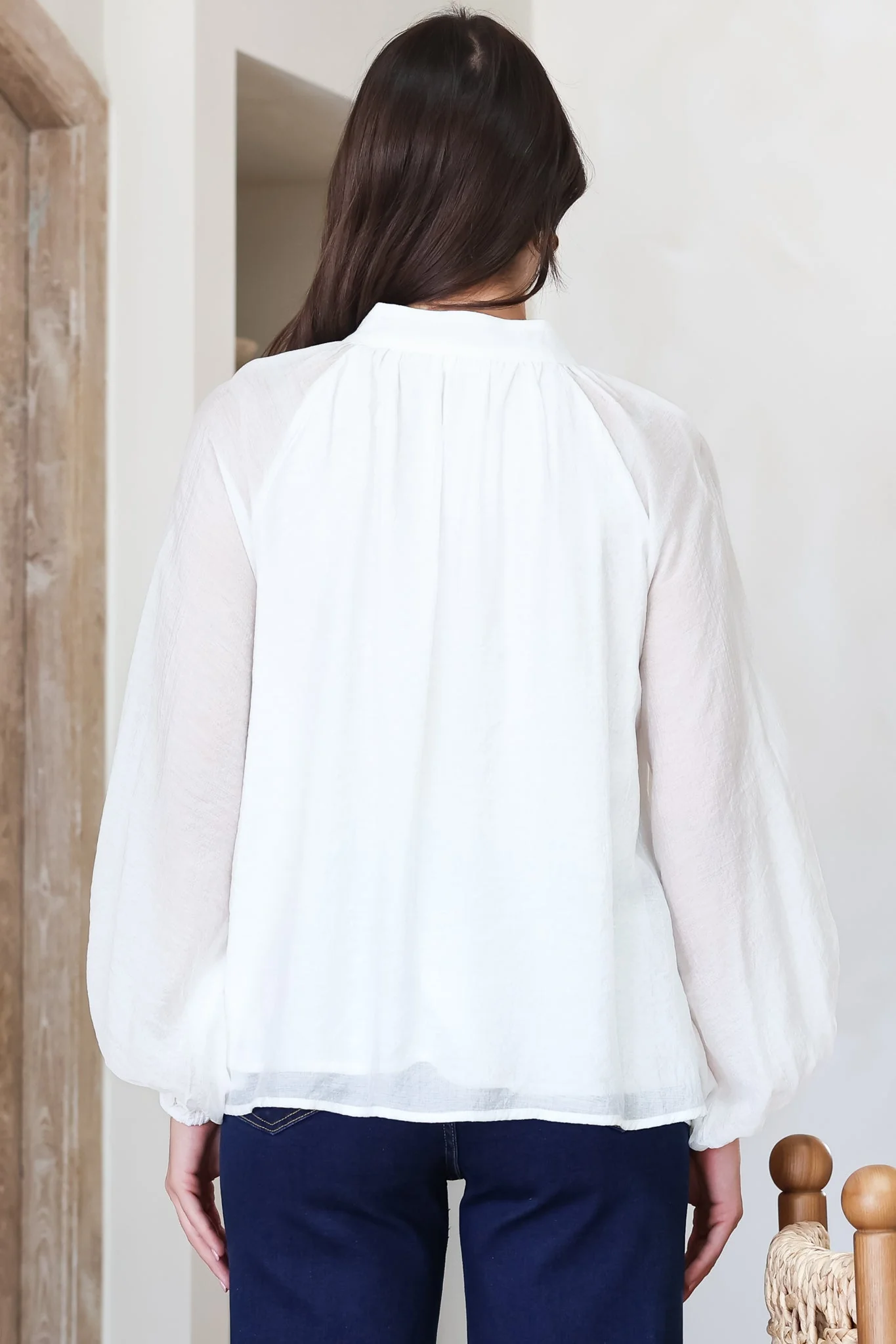 Portia Blouse - Button Down Mandarin Collar Shirt in Cream - Image 8