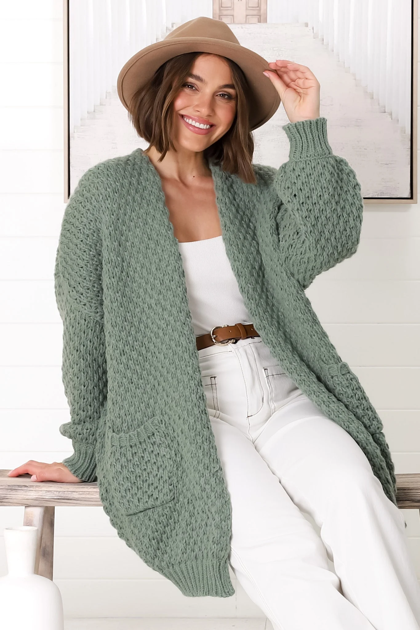 Ricki Cardigan - Open Front Chunky Knit Cardigan in Sage - Image 5