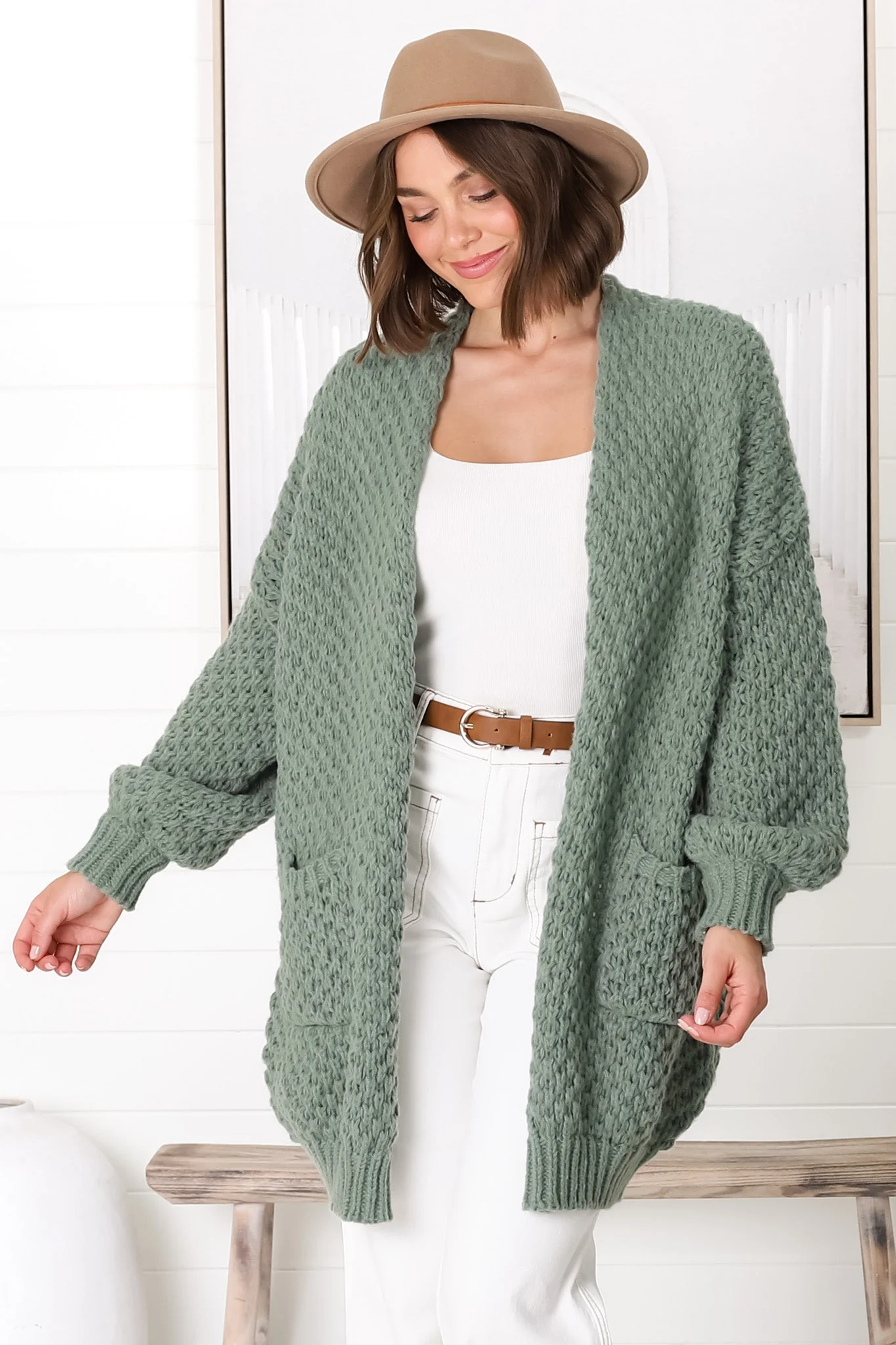 Ricki Cardigan - Open Front Chunky Knit Cardigan in Sage - Image 6