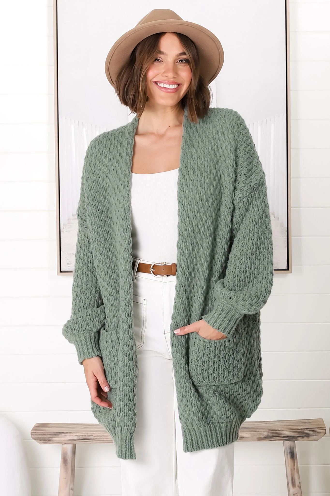Ricki Cardigan - Open Front Chunky Knit Cardigan in Sage - Image 7